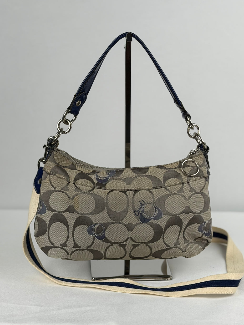 Coach F18756 Poppy Beige Monogram Blue Leather Trim Shoulder Bag