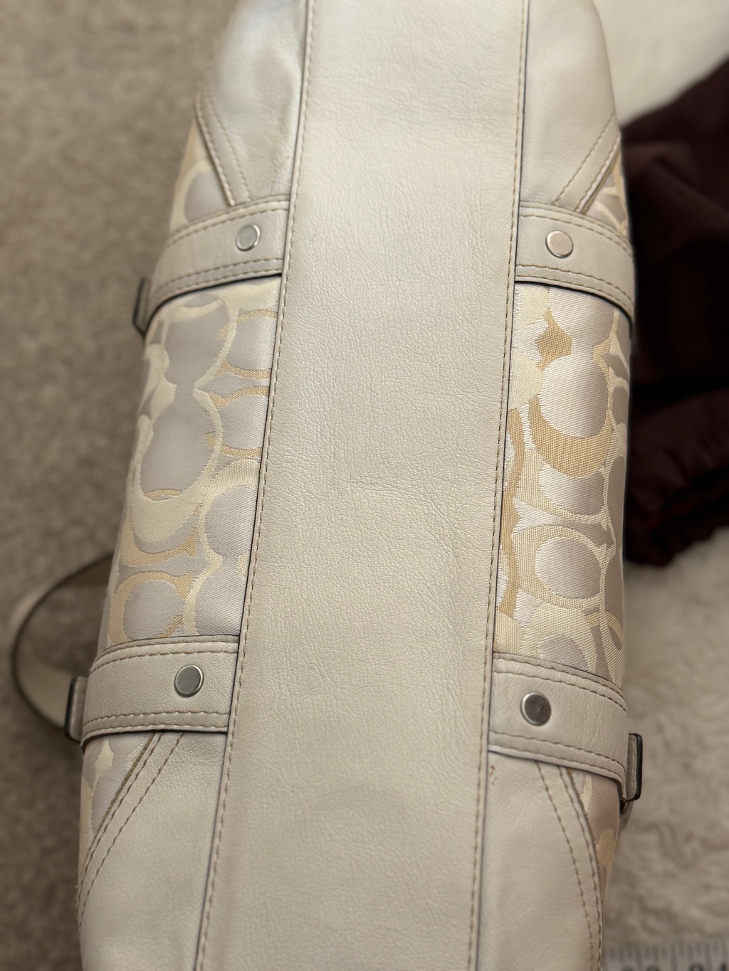 Coach 10145 Chelsea Turnlock White Cream Op Art Monogram Shoulder Bag Leather Trim