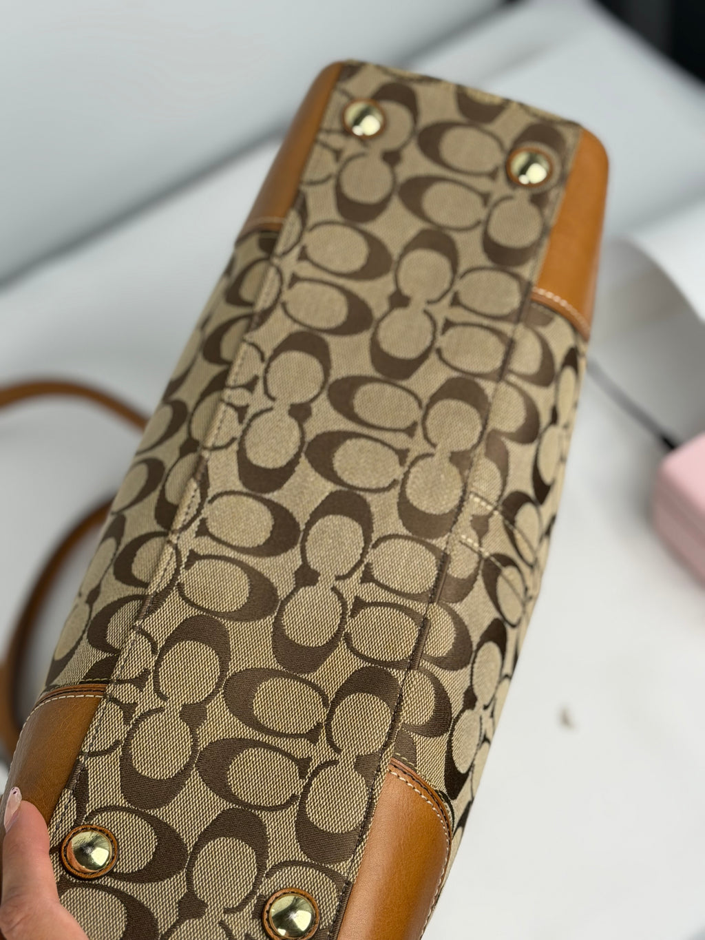 Coach 11063 Hampton Turnlock Signature Brown Monogram Shoulder Bag Leather Trim