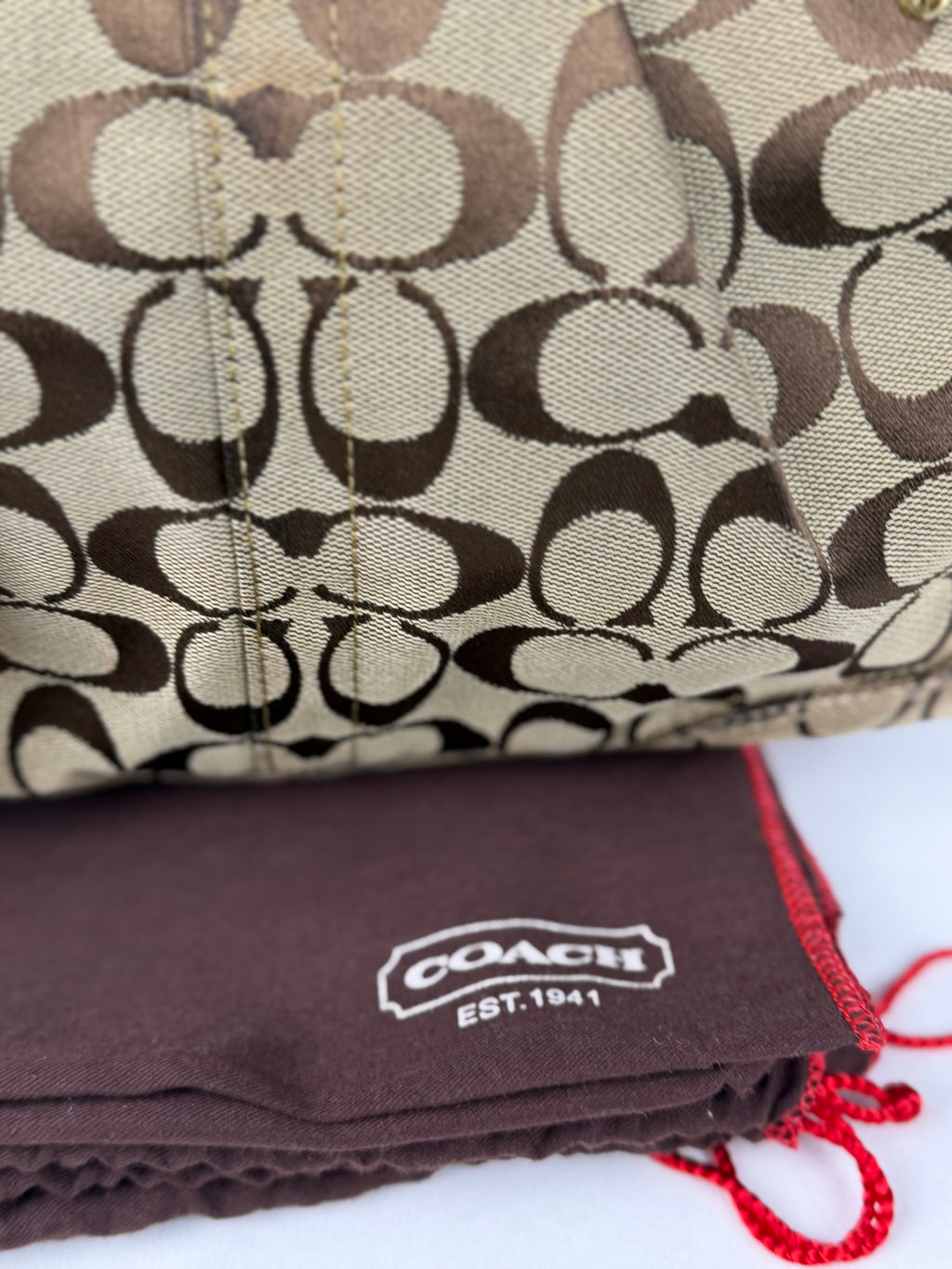 Coach 12467 Signature Brown Monogram Shoulder Bag Red Leather Trim