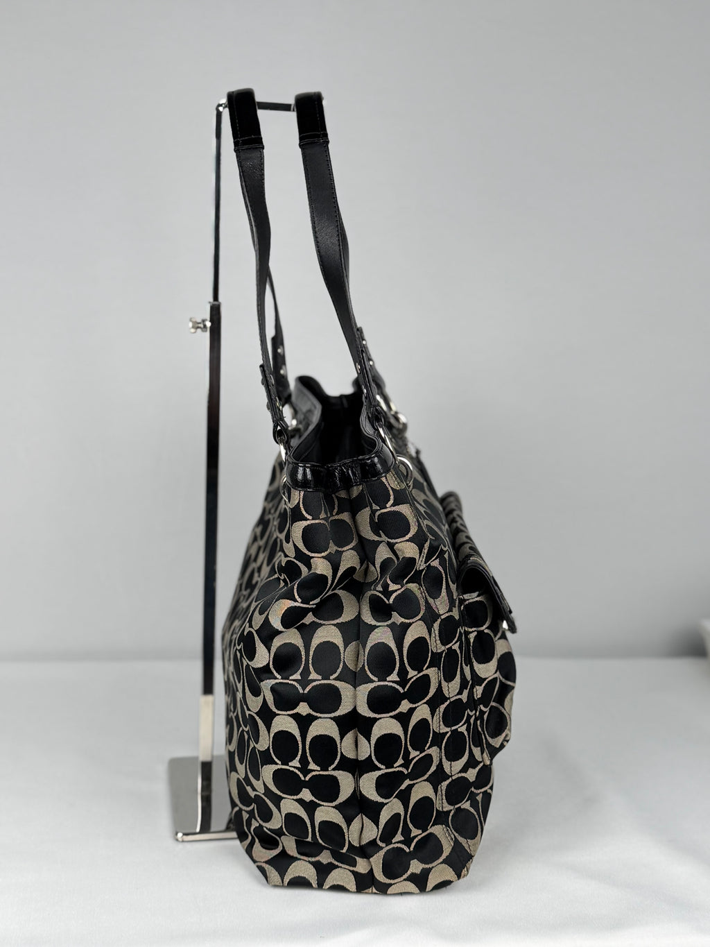 Coach F19262 Signature Black/Grey Monogram Turnlock Shoulder Bag Leather Trim