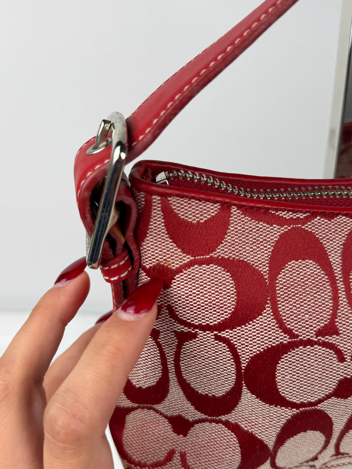 Rare Coach 6371 Signature Red Baguette Shoulder Bag Leather Trim