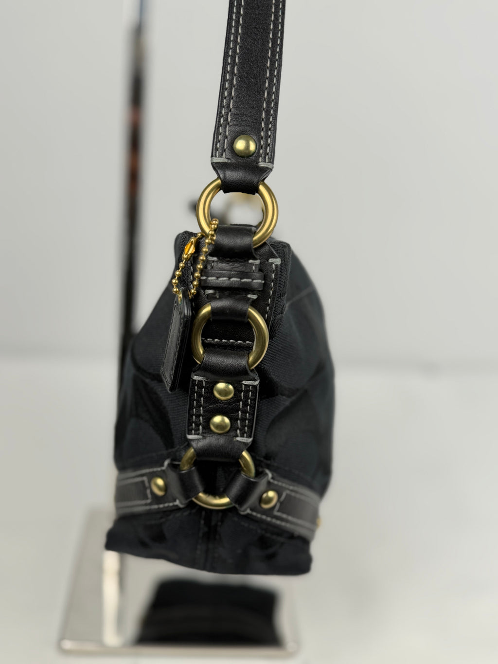 Coach 40347 Carly Mini Signature Black Shoulder Bag Leather Trim