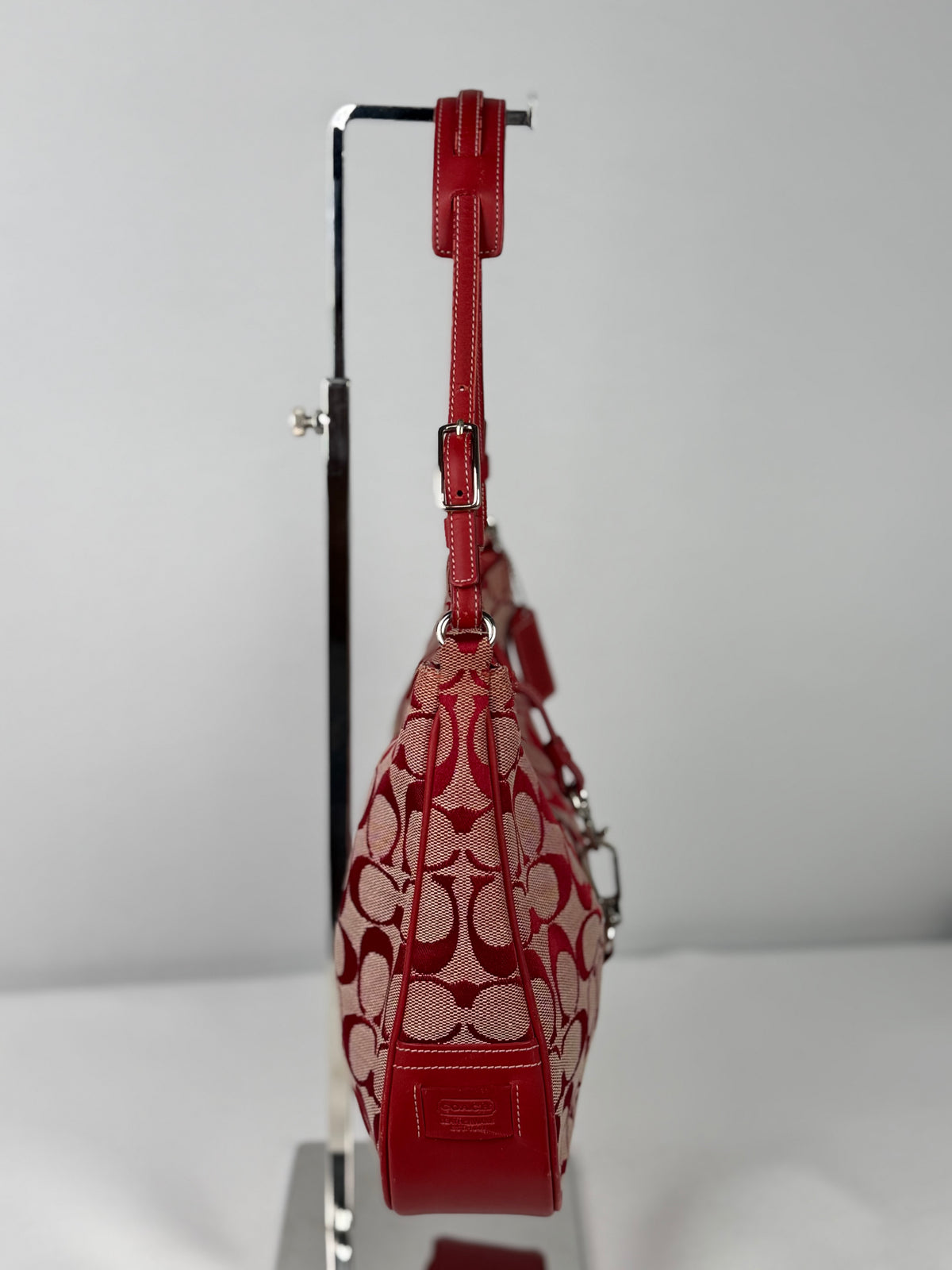 Coach 6091 Hampton Clip Red Signature Monogram Shoulder Bag Leather Trim