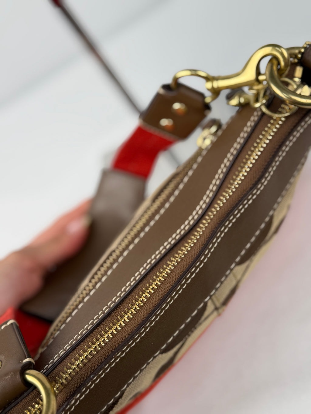 Coach 10120 Signature Brown/Red Monogram Shoulder Bag Leather Trim