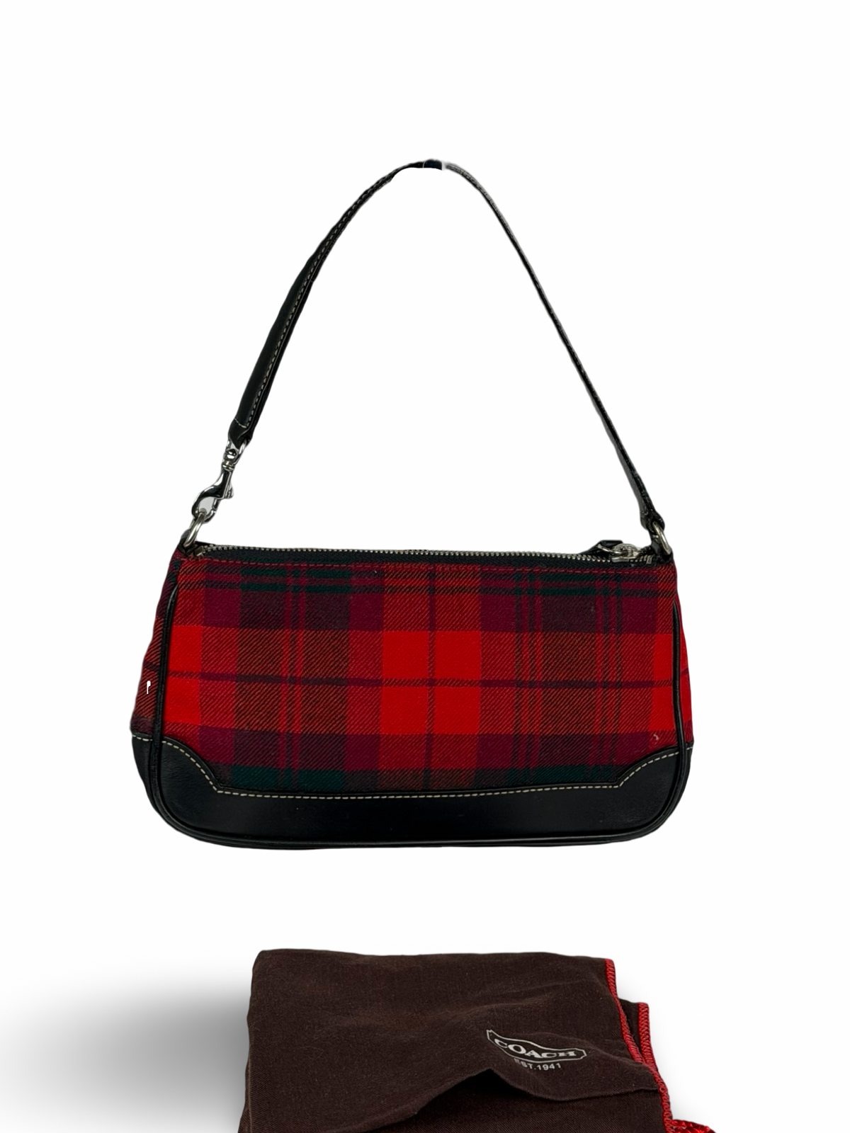 Coach Rare Red Plaid Wool Demi Shoulder Bag Black Leather Trim with dustbag
