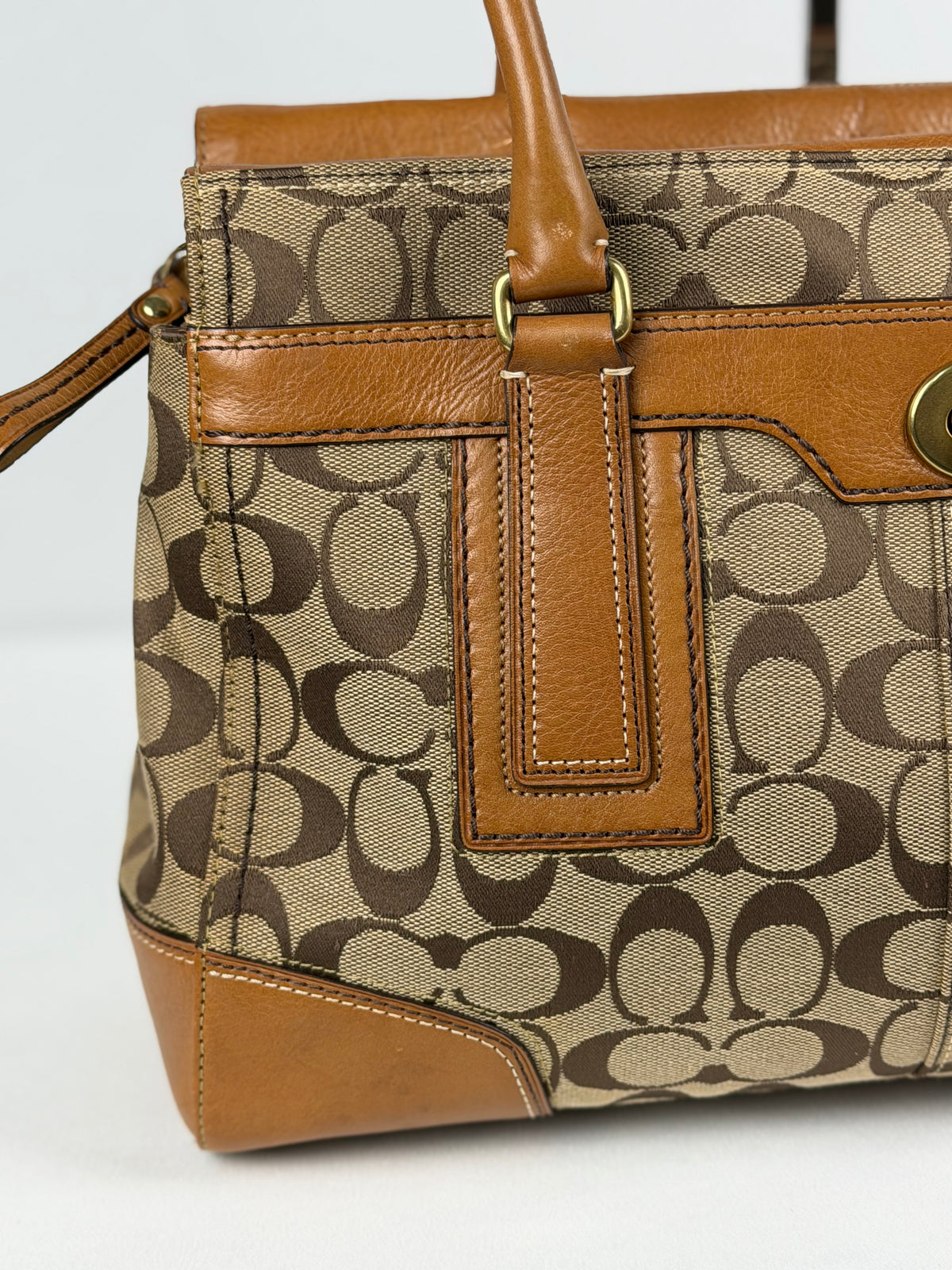 Coach 11063 Hampton Turnlock Signature Brown Monogram Shoulder Bag Leather Trim