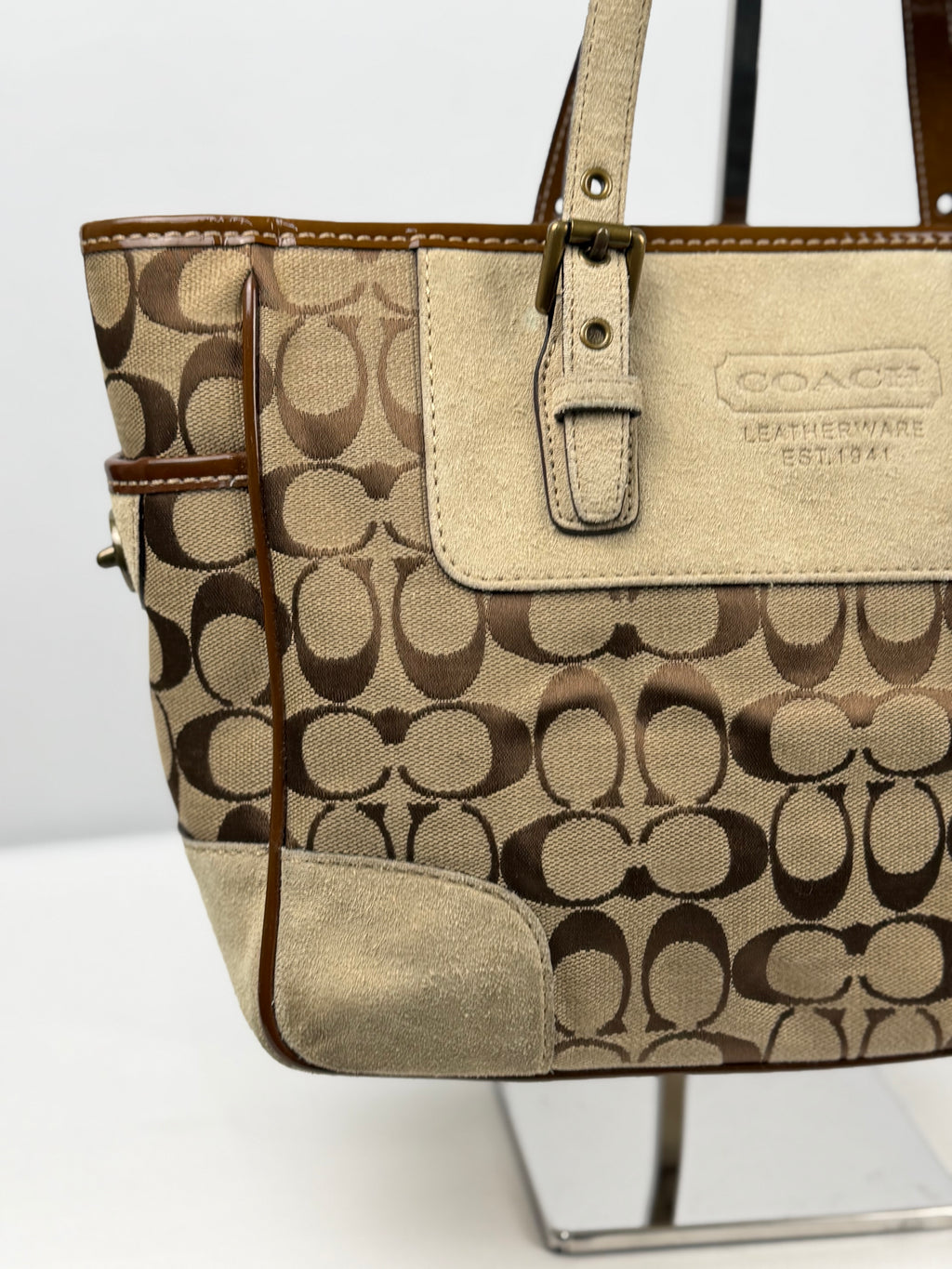 Coach 1443 Signature Brown monogram Tote Shoulder Bag Suede Leather Trim