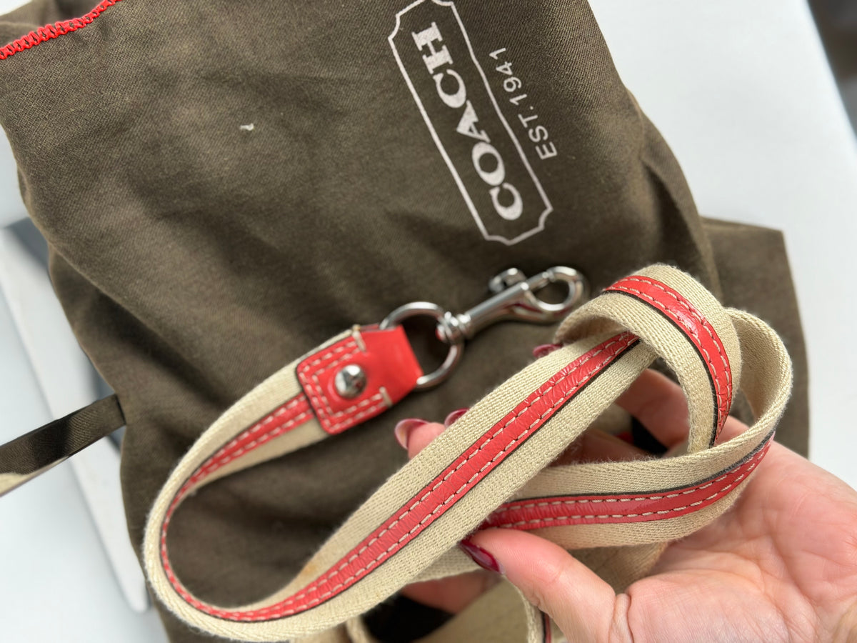 Coach F15111 Signature Beige Monogram Shoulder Bag Red Leather Trim