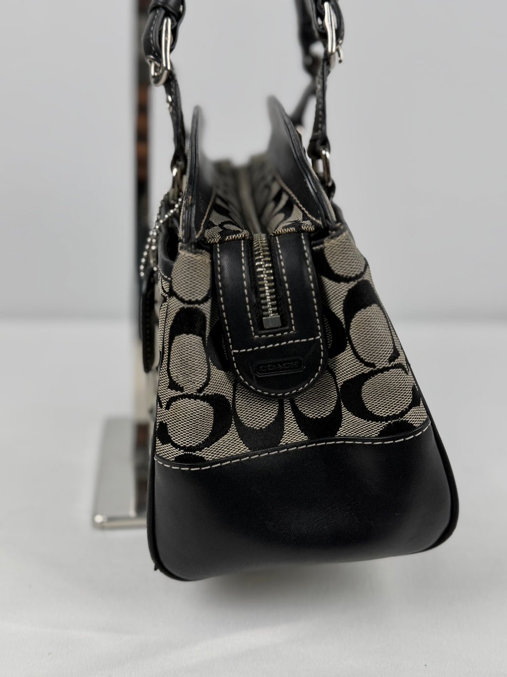 Coach 6828 Boston Signature Grey/Black Monogram Shoulder Bag Leather Trim