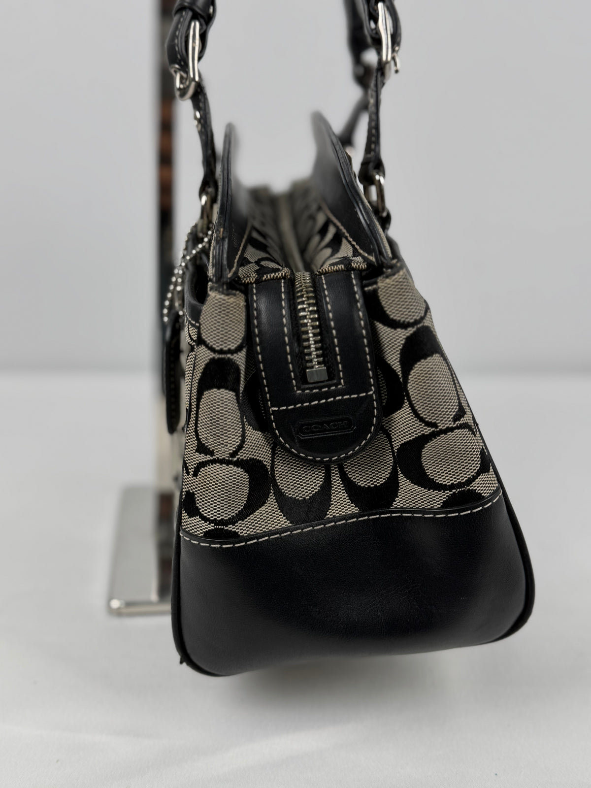 Coach 6828 Boston Signature Grey/Black Monogram Shoulder Bag Leather Trim