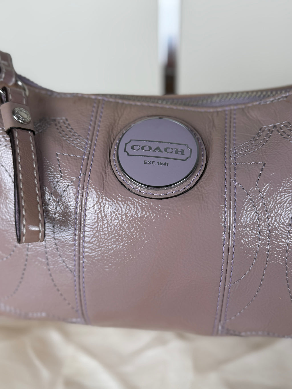 Coach F15141 Monogram Embossed Purple Patent Leather Shoulder Bag with Detachable Crossbody Strap