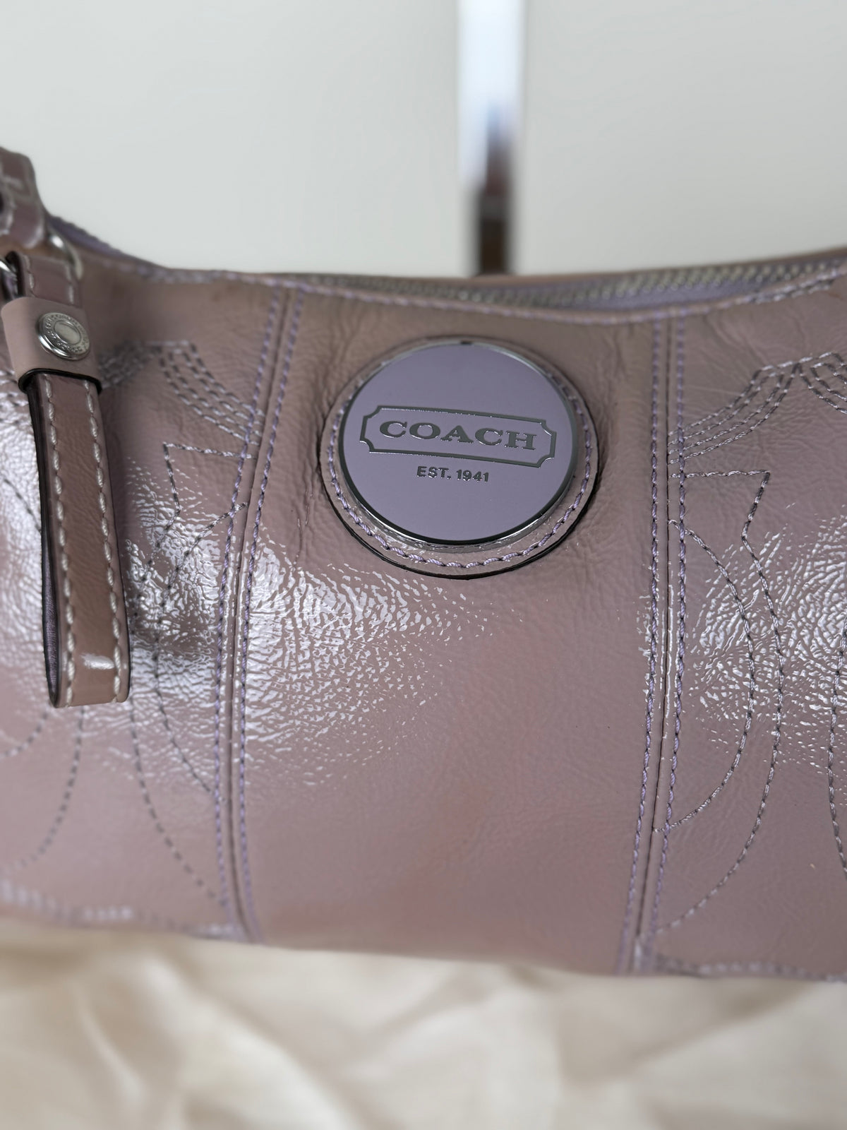 Coach F15141 Monogram Embossed Purple Patent Leather Shoulder Bag with Detachable Crossbody Strap
