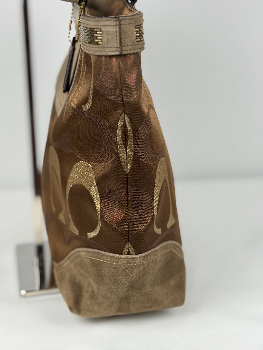 Coach 10445 Signature Brown Monogram Shoulder Bag Suede Leather Trim