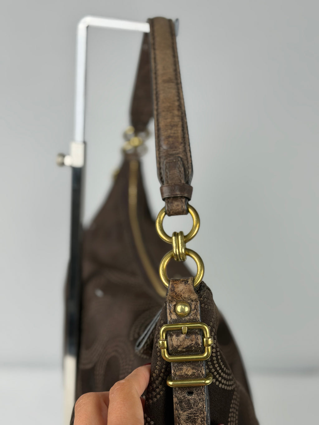 Coach 15929 Op Art Brown Monogram Slouchy Canvas Shoulder Bag Leather Trim