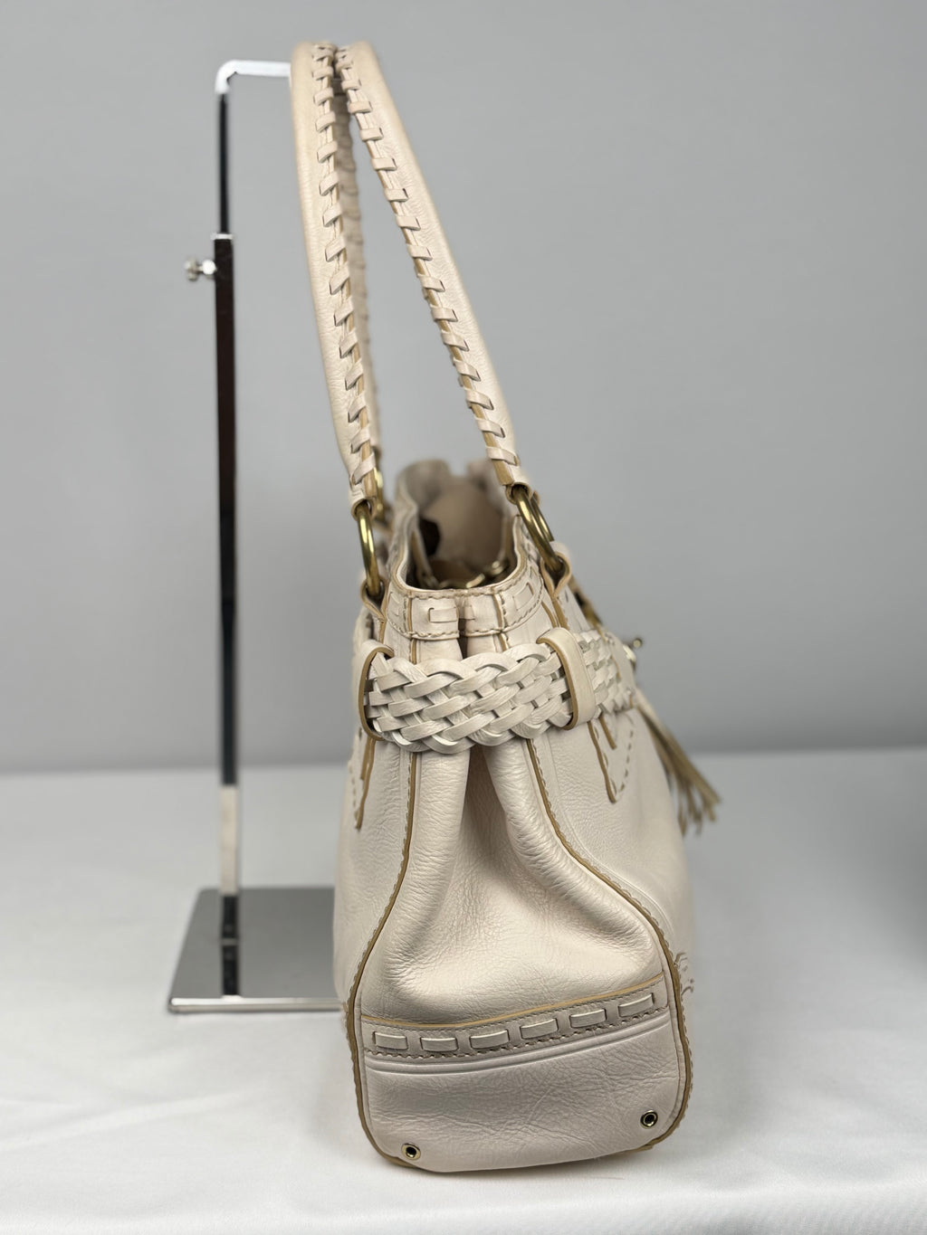 Coach 9290 Hampton Clip White Leather Shoulder Bag Braided Detailing