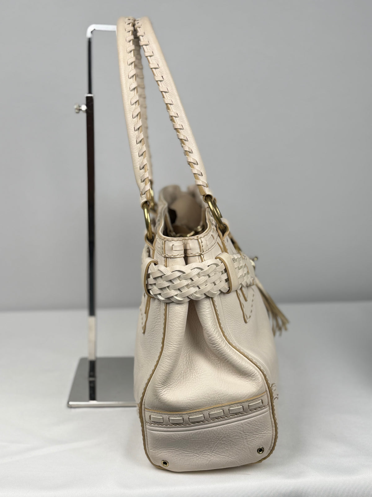 Coach 9290 Hampton Clip White Leather Shoulder Bag Braided Detailing