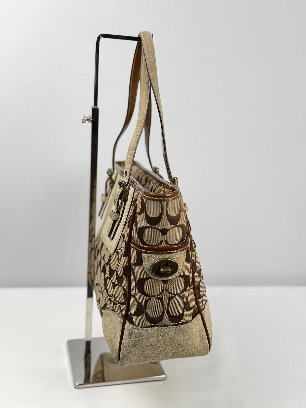 Coach 1443 Signature Brown monogram Tote Shoulder Bag Suede Leather Trim