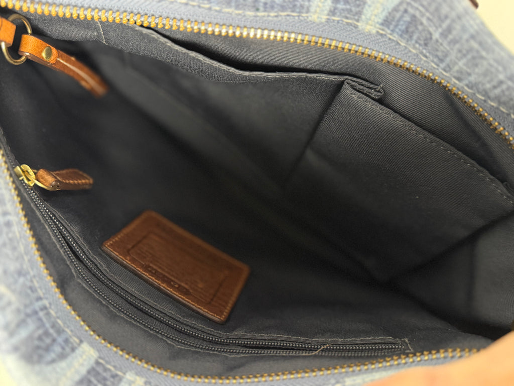 RARE Coach 10794 Carly Blue Denim Monogram Shoulder Bag Leather Trim
