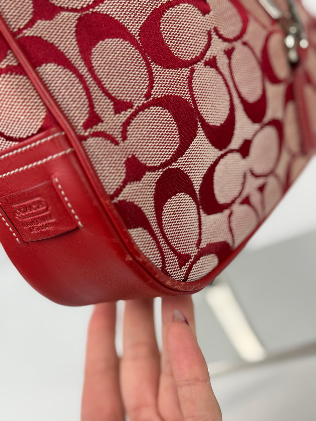 Coach 6091 Hampton Clip Red Signature Monogram Shoulder Bag Leather Trim