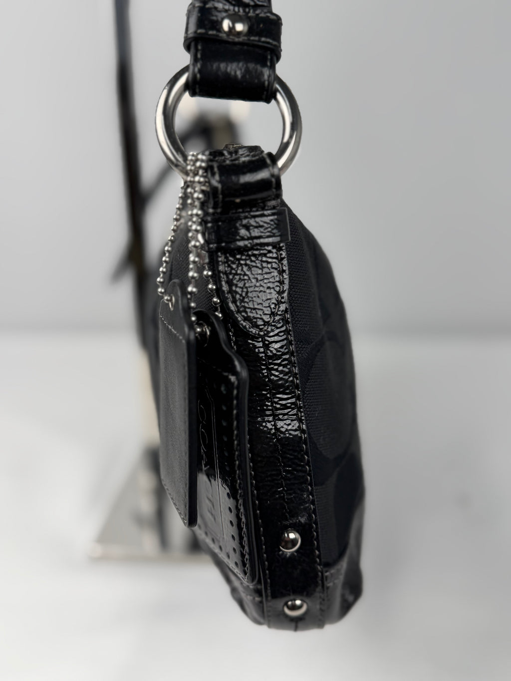 Coach F19731 Signature Black Monogram Shoulder Bag Black Patent Leather Trim