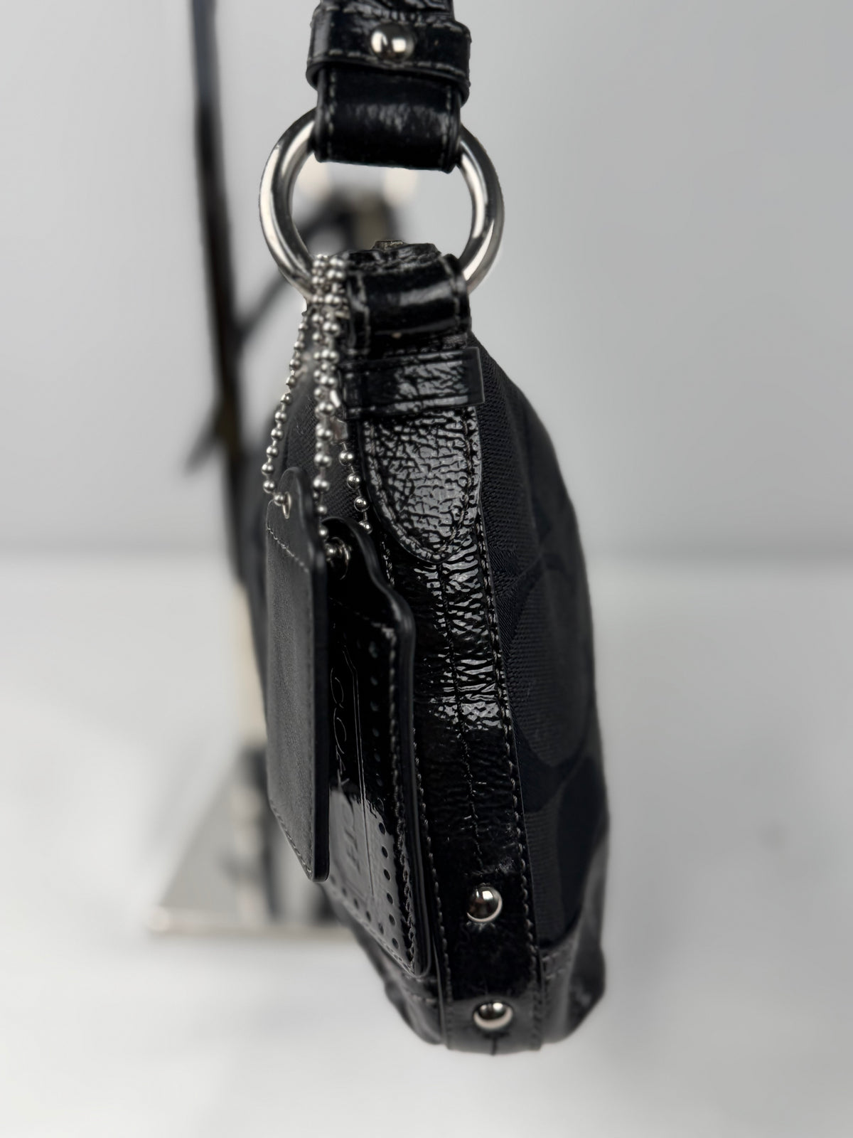 Coach F19731 Signature Black Monogram Shoulder Bag Black Patent Leather Trim