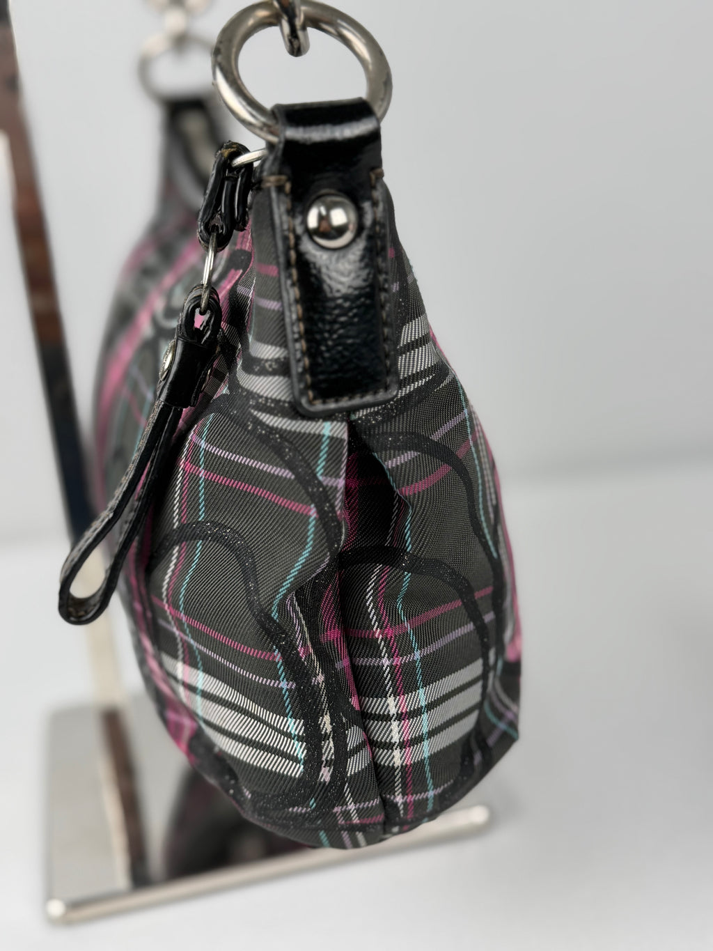 Coach F17670 Poppy Tartan Pink and Black Shoulder Bag Leather Trim