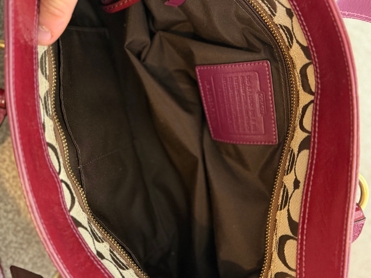 Coach F13131 Legacy Rare Turnlock Double Pocket Signature Brown Monogram Shoulder Bag Red Patent Leather Trim