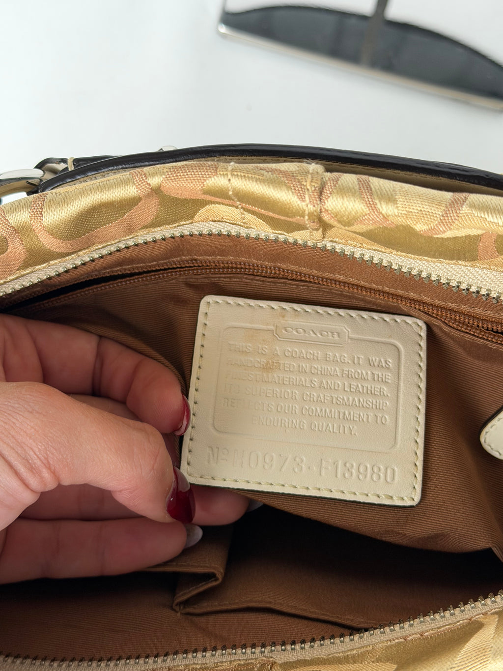 Coach F13980 Carly Optic Art Brown/Beige Monogram Shoulder Bag White Leather Trim