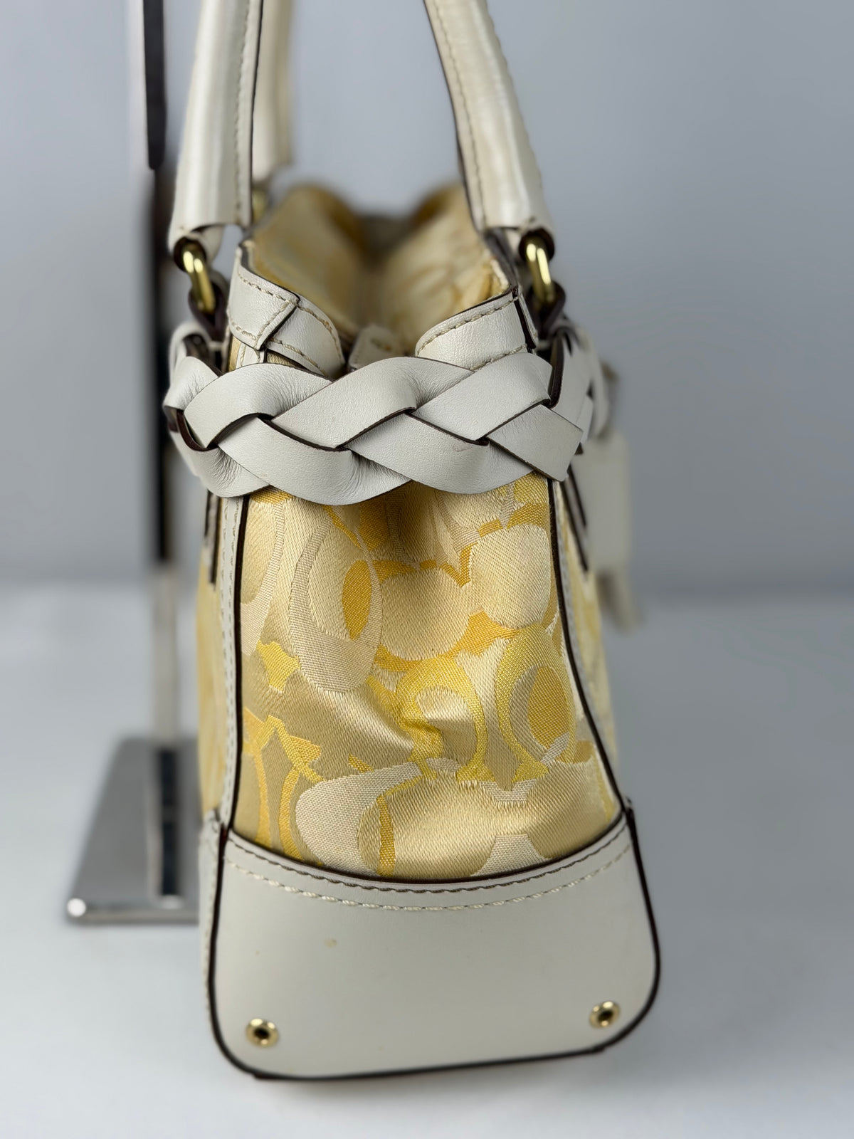 Coach 10785 Hampton Clip Op Art Yellow Monogram White Leather Trim Shoulder Bag
