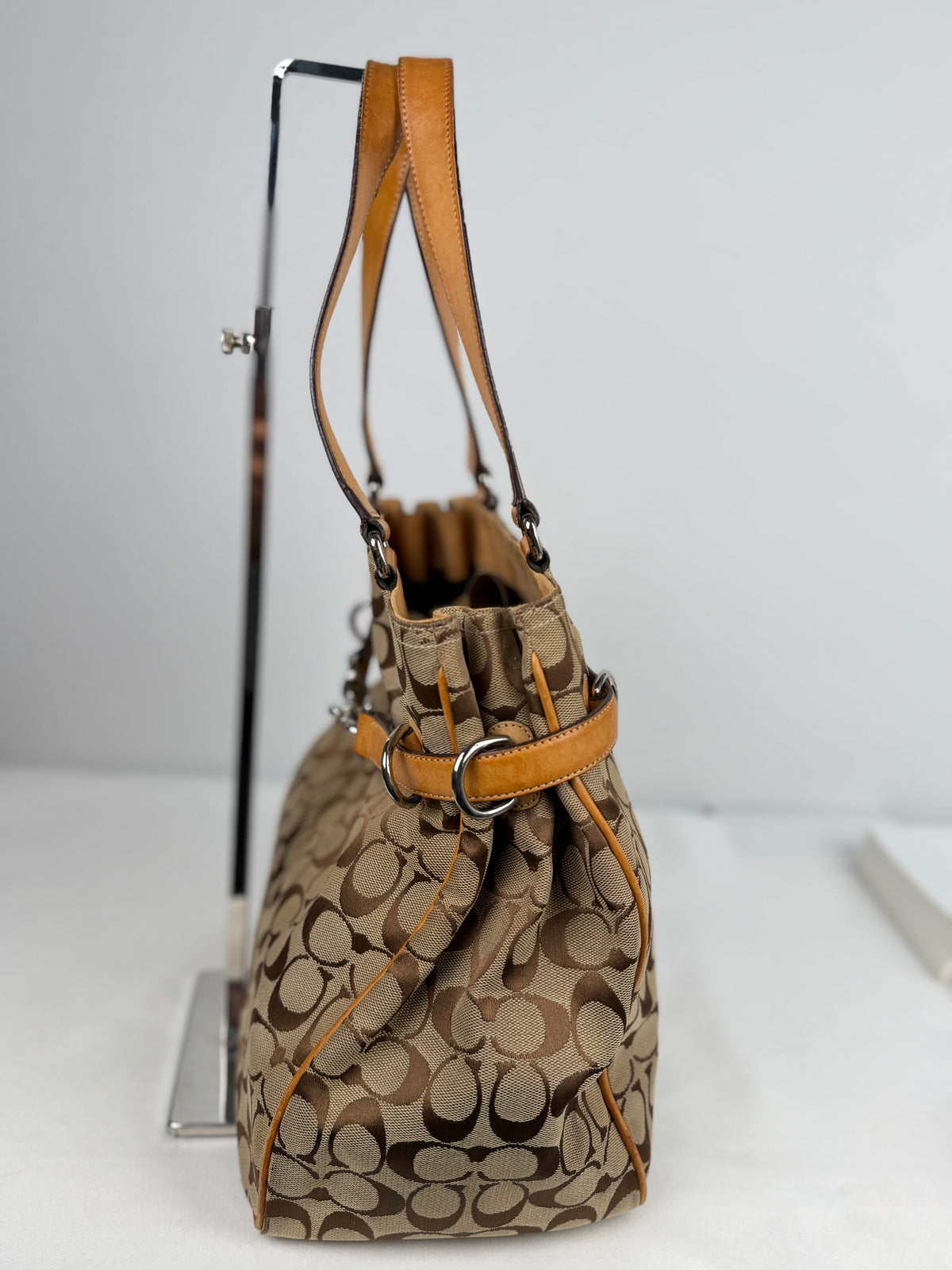 Coach 6352 Signature Brown Monogram Shoulder Bag Tan Leather Trim