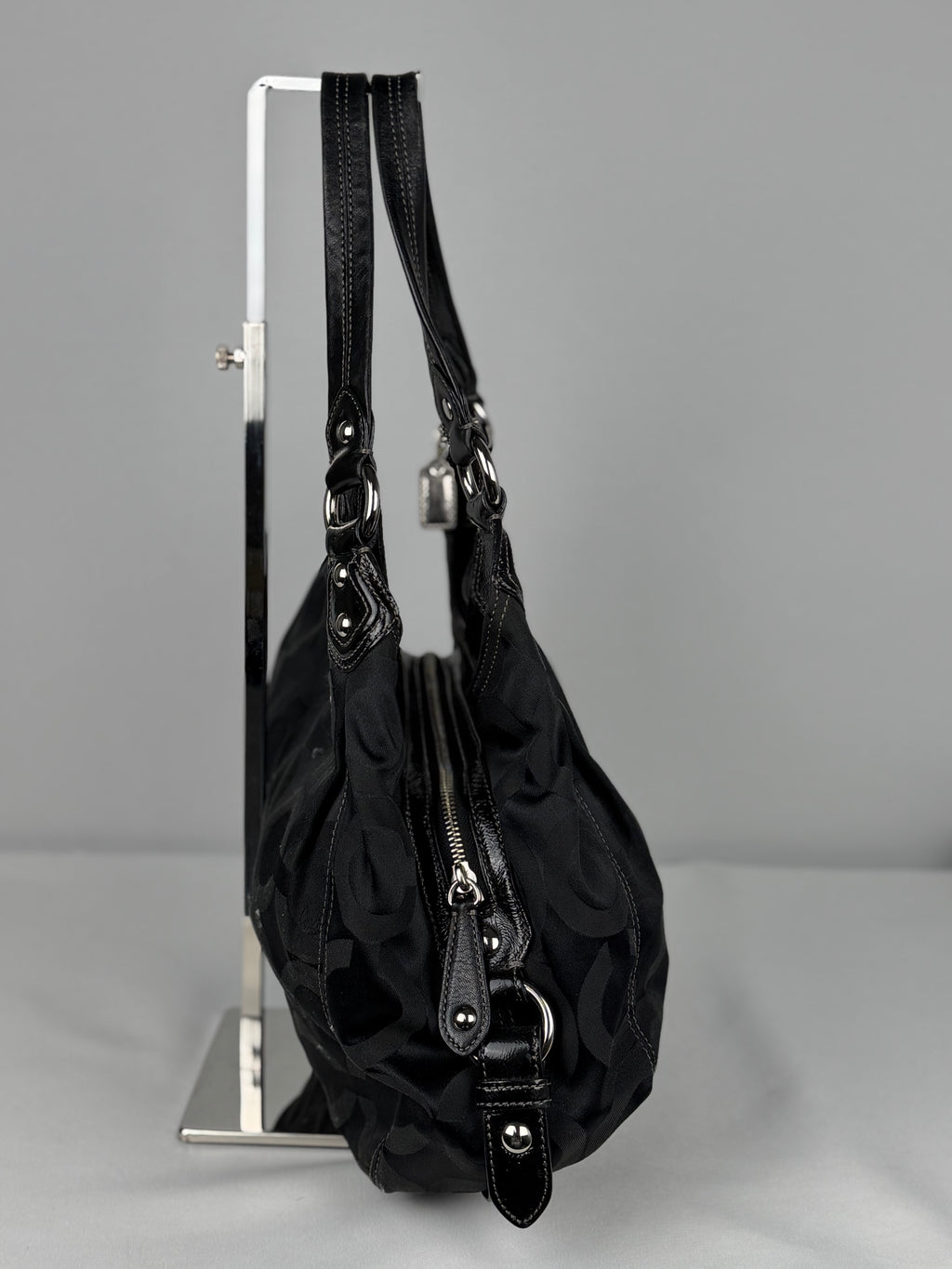 Coach 14305 Maggie Black Optic Art Monogram Shoulder Bag Leather Trim