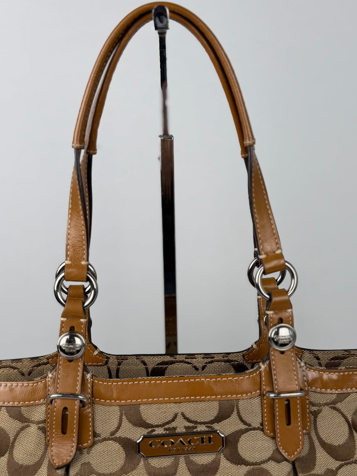 Coach F15146 Signature Brown Monogram Shoulder Tote Bag Leather Trim