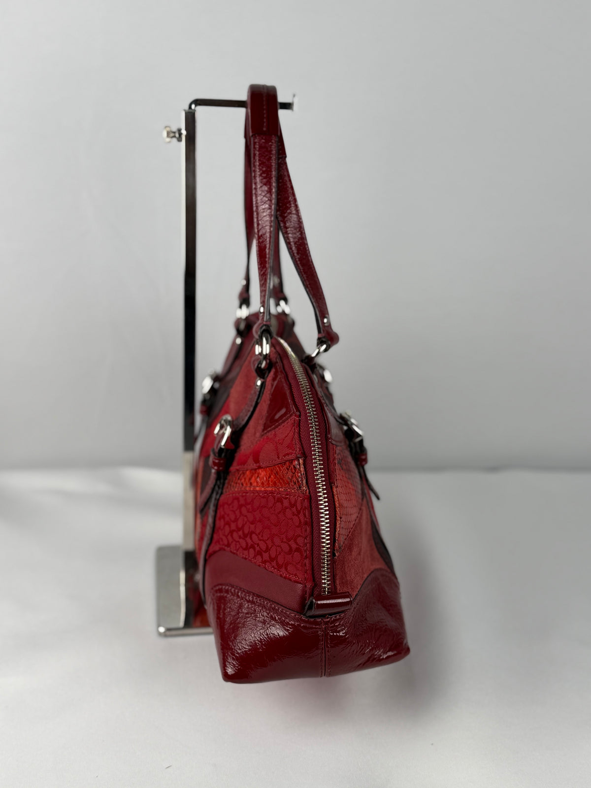 Rare Coach F14007 Red Patchwork Canvas Suede Leather Shoulder Bag