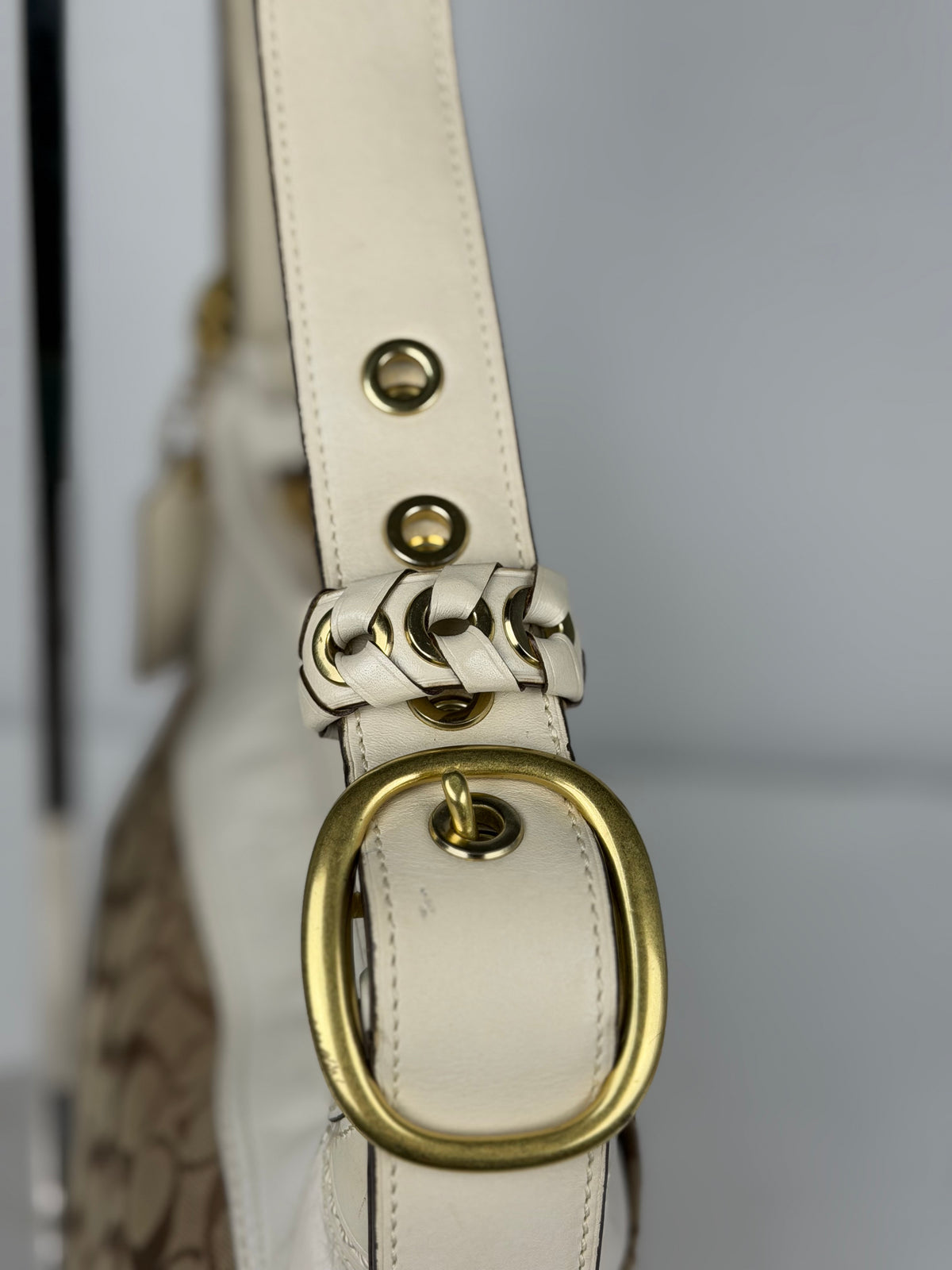Coach 11444 Hobo Signature Brown Shoulder Bag White Leather Trim