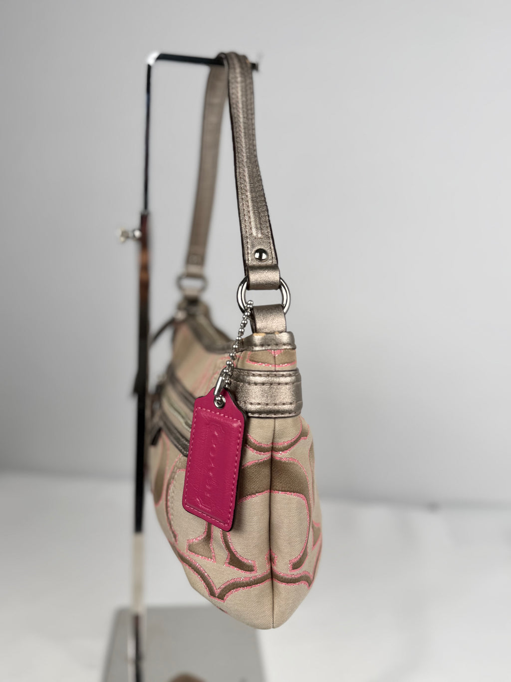 Coach F23946 Daisy Signature Monogram Pink/Beige Shoulder Bag Leather Trim