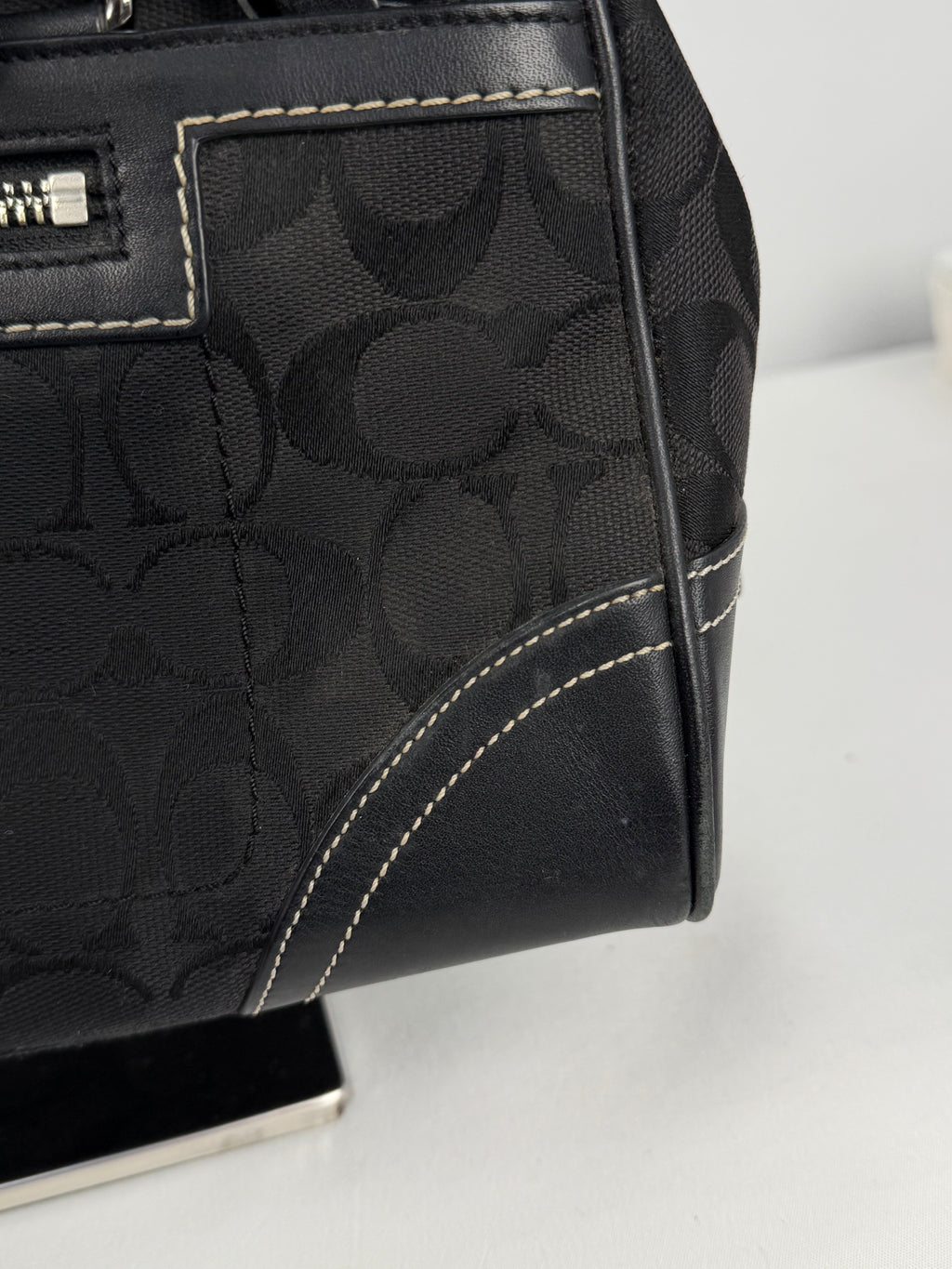 Coach 8K05 Mini Boston Signature Black Monogram Shoulder Bag Leather Trim