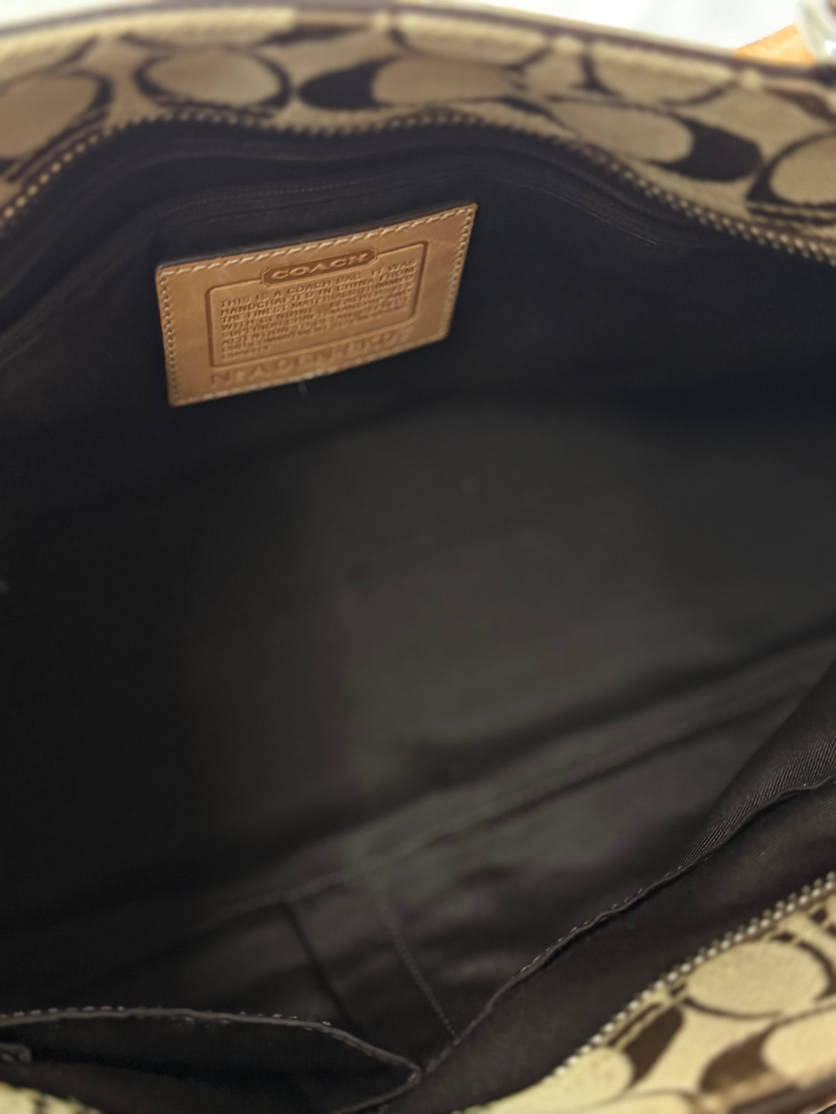 Coach 8K07 Hampton Clip Signature Brown Monogram Shoulder Bag Tan Leather Trim with dustbag
