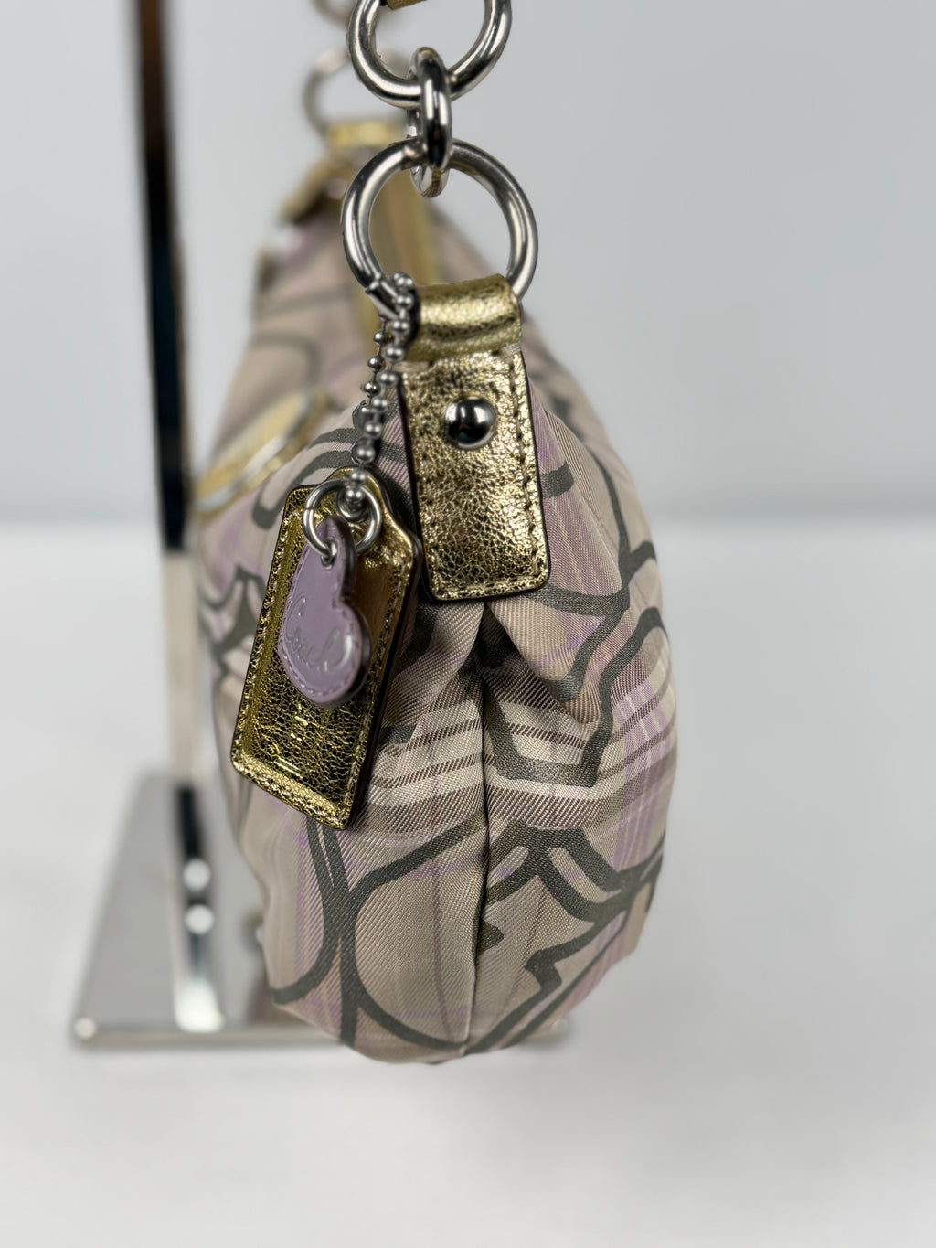 Coach F17210 Signature Purple/Beige Check Pattern Shoulder Bag Gold Leather Trim