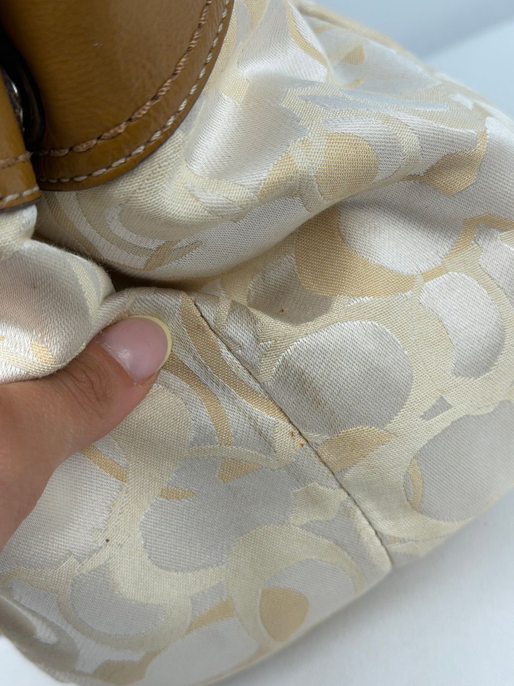 Coach F14492 Signature Cream/Beige/White Monogram Shoulder Bag Brown Leather Trim