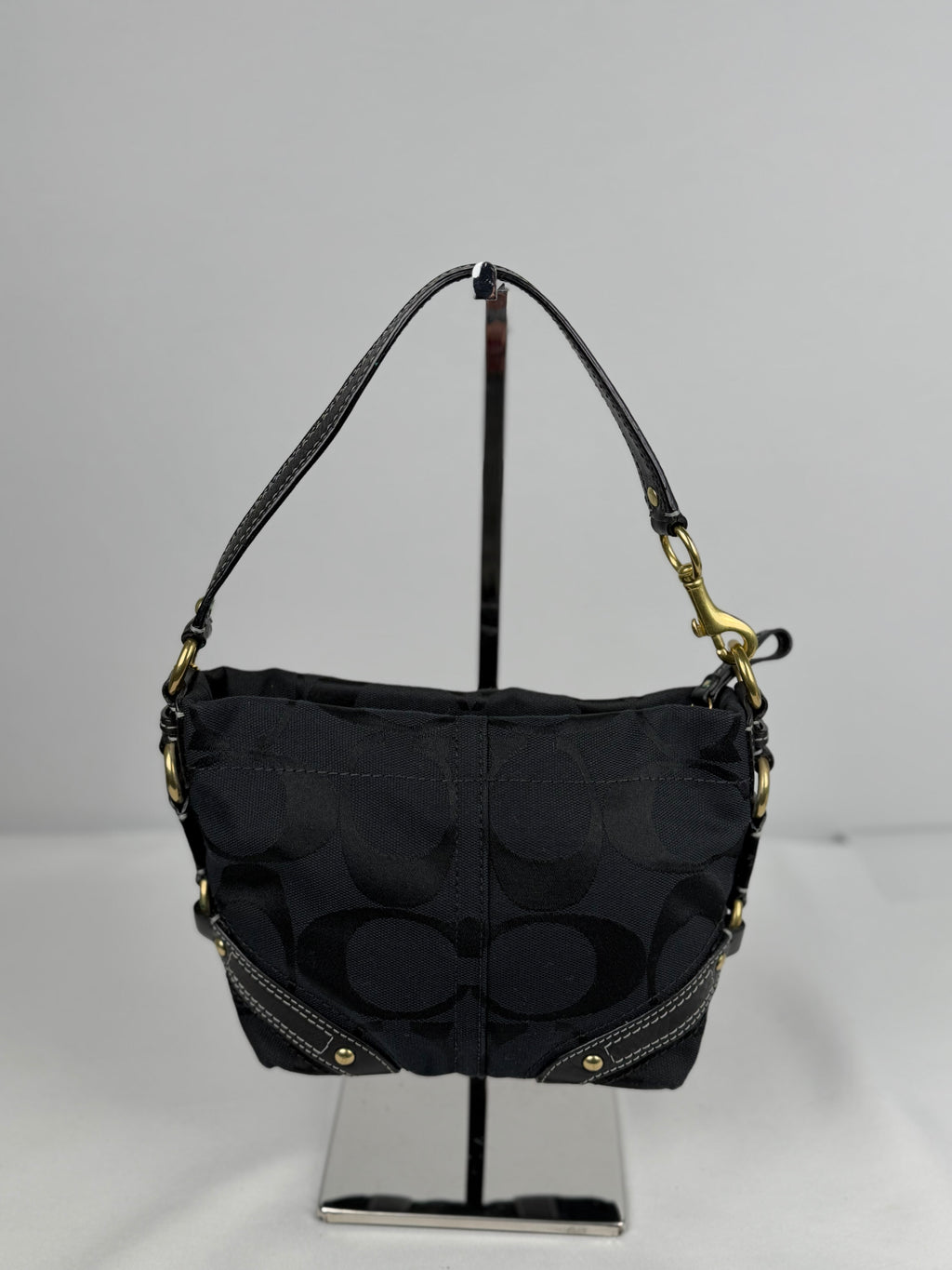 Coach 40347 Carly Mini Signature Black Shoulder Bag Leather Trim