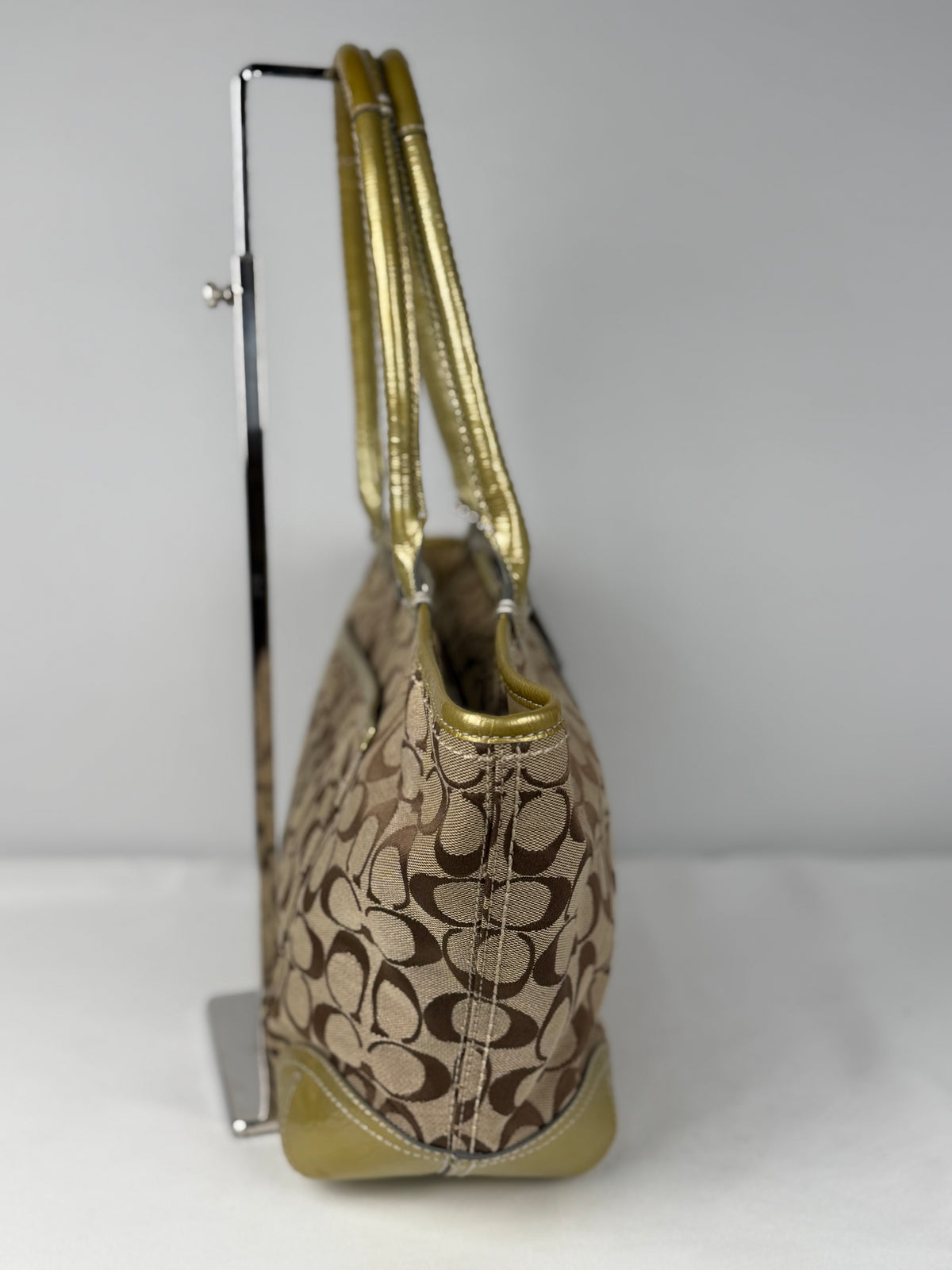 Coach F12564 Bleecker Signature Brown Monogram Shoulder Bag Gold Leather Trim
