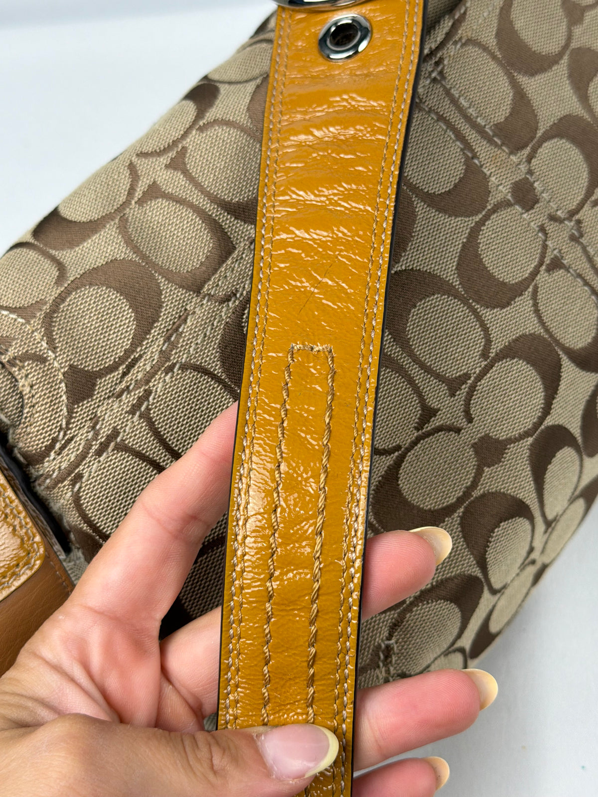 Coach F15668 Soho Signature Brown Monogram Shoulder Bag Leather Trim