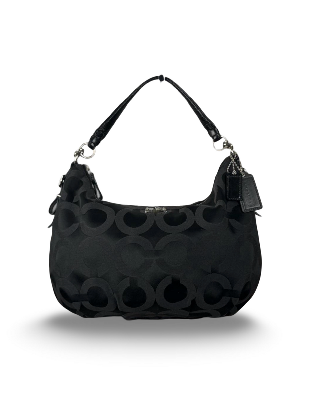 Coach 17694 Signature Black Op Art Monogram Shoulder Bag Leather Trim