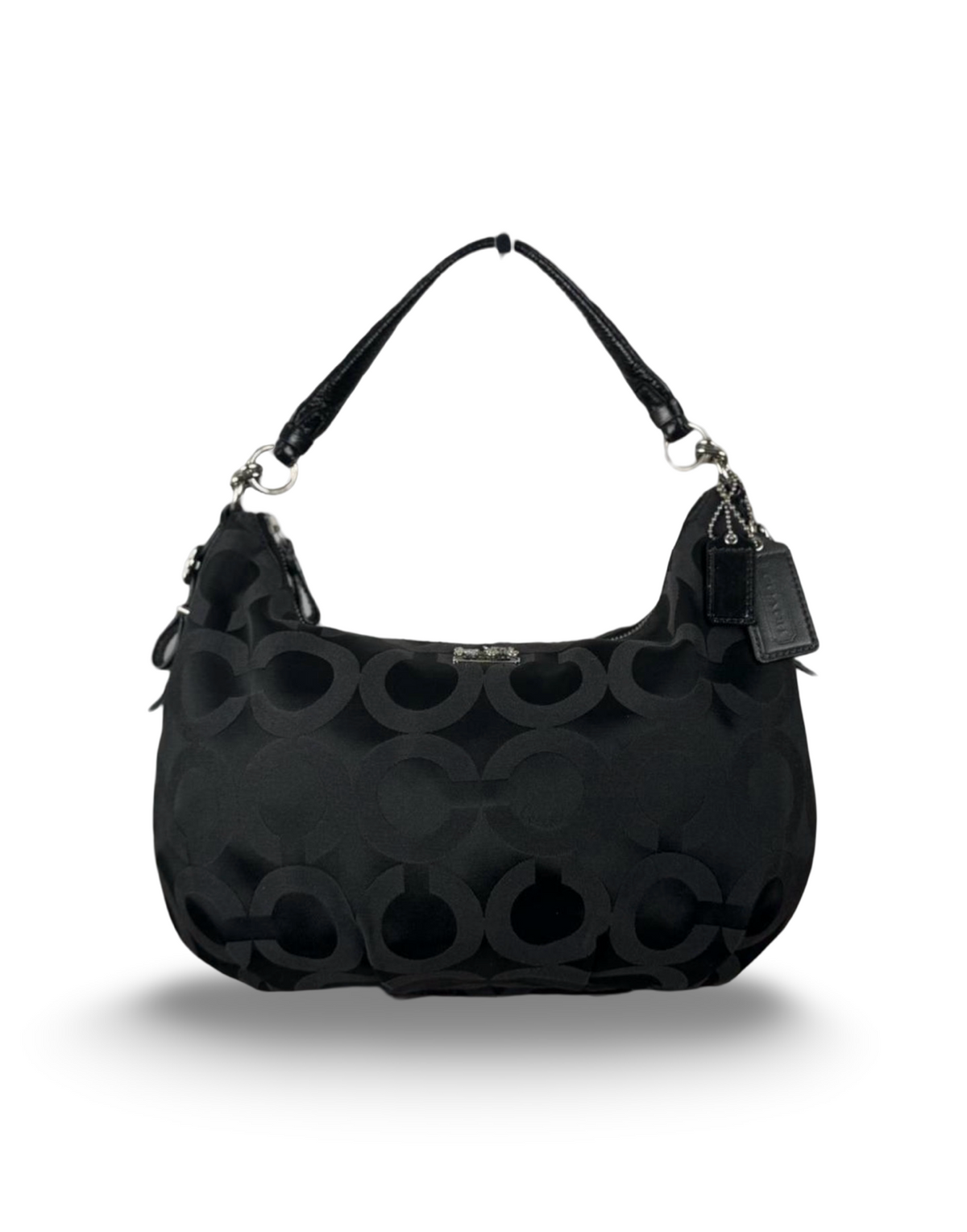 Coach 17694 Signature Black Op Art Monogram Shoulder Bag Leather Trim