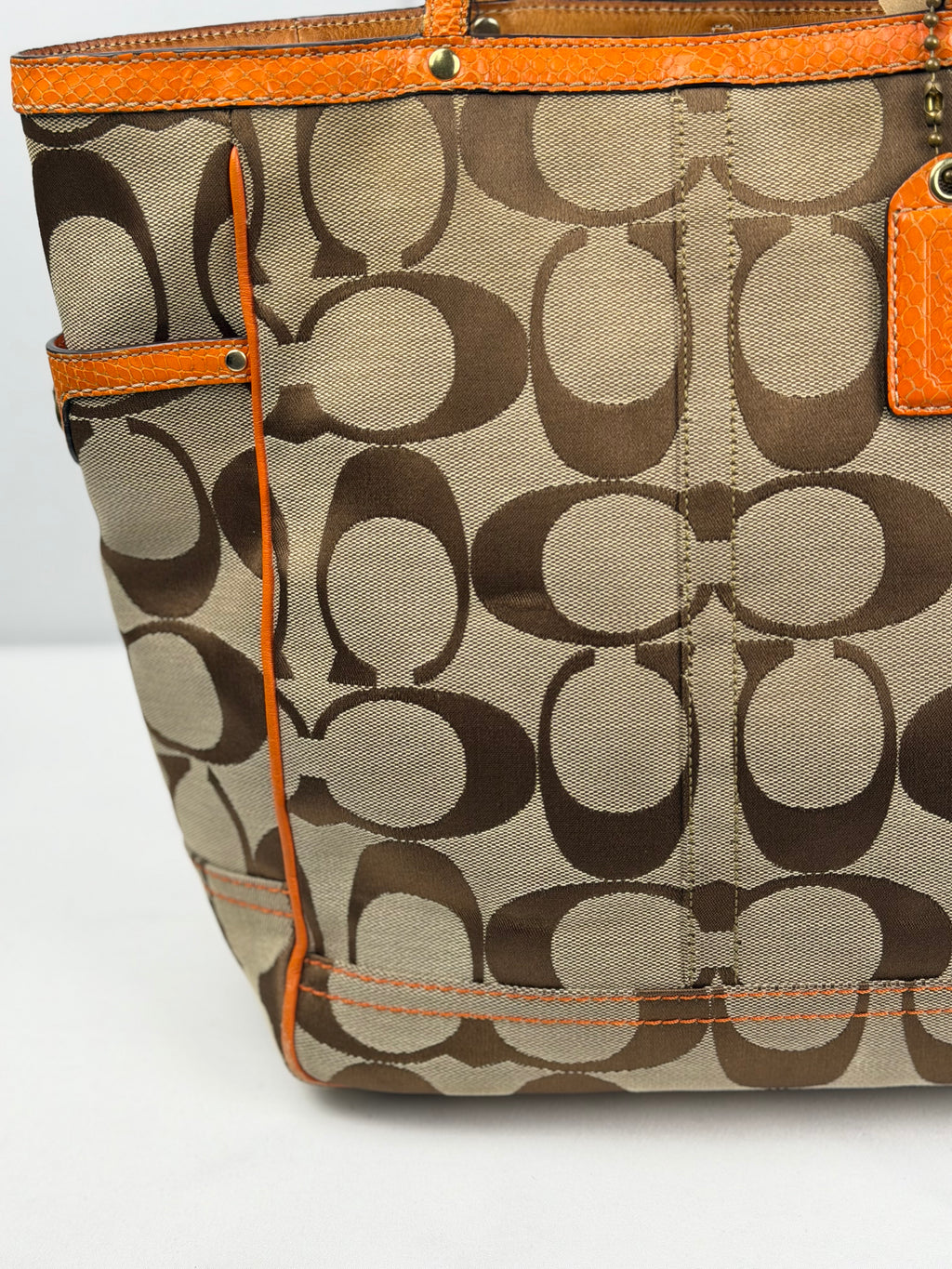Coach 8626 Signature Brown Monogram Tote Shoulder Bag Orange Leather Trim