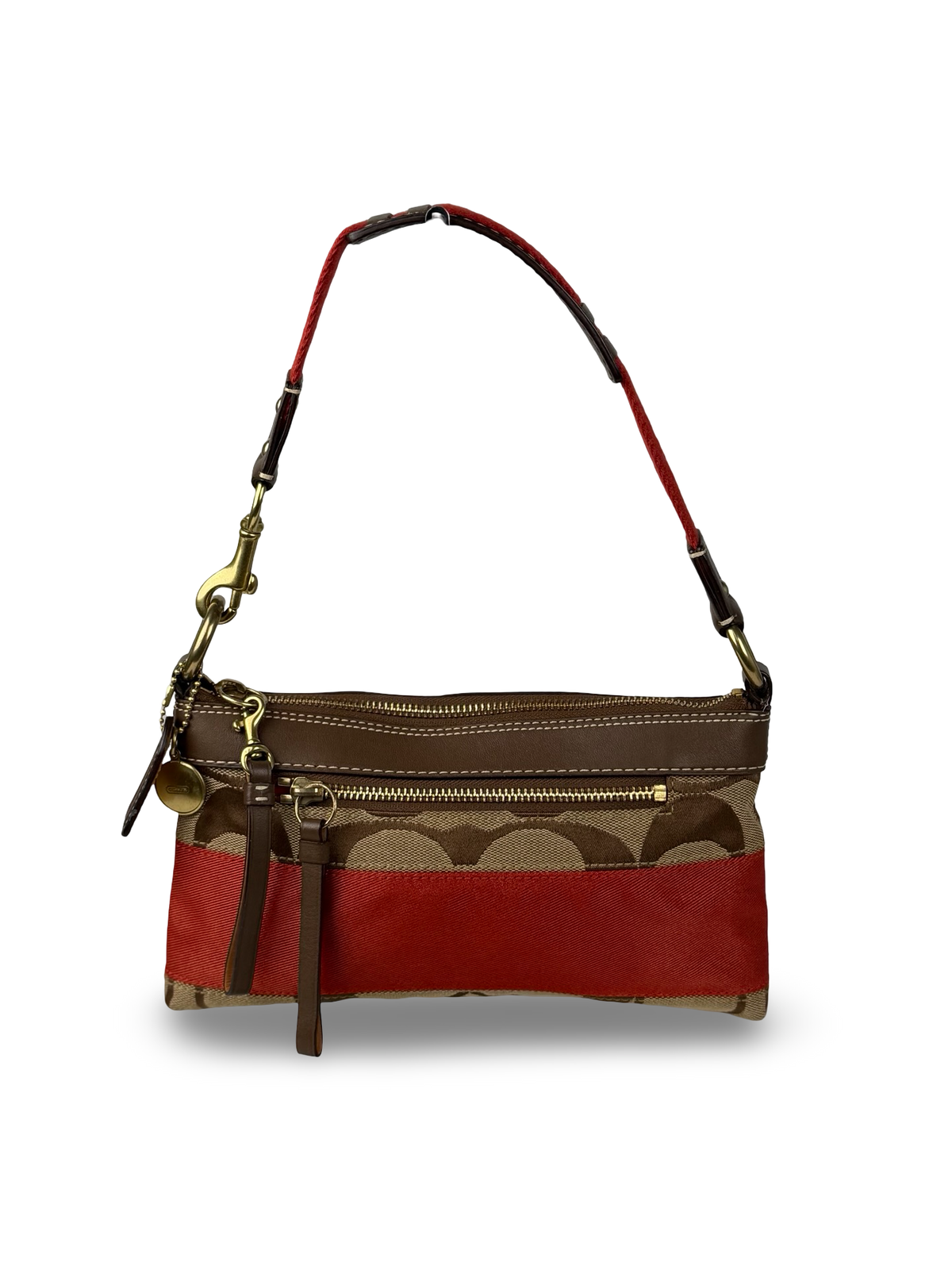 Coach 10120 Signature Brown/Red Monogram Shoulder Bag Leather Trim