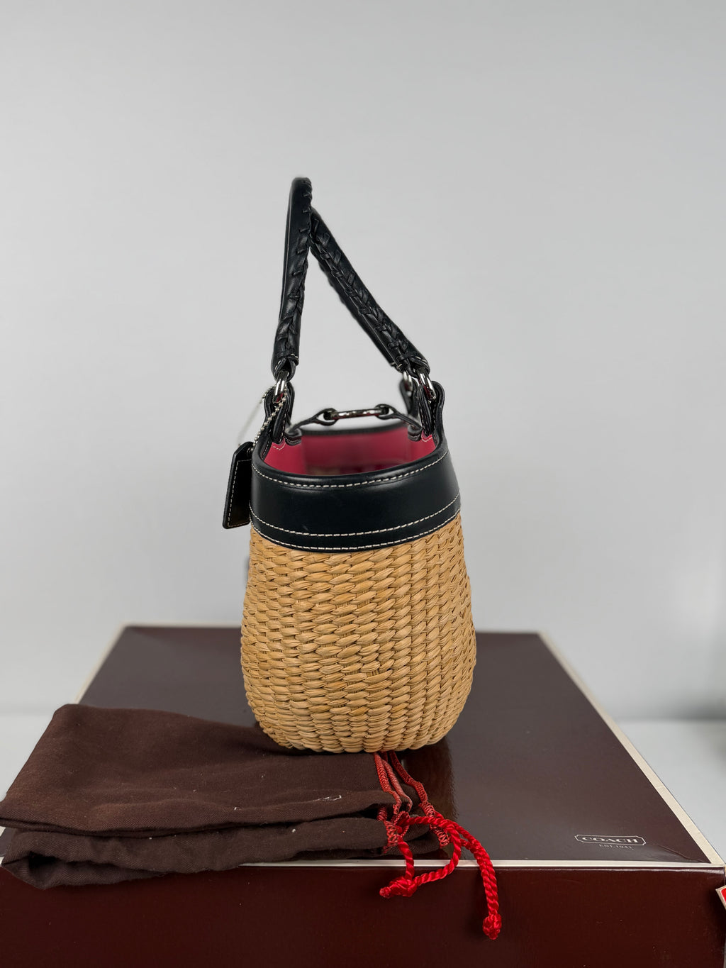 Coach 6270 Woven Wicker Basket Bag Butterfly Detail Leather Trim
