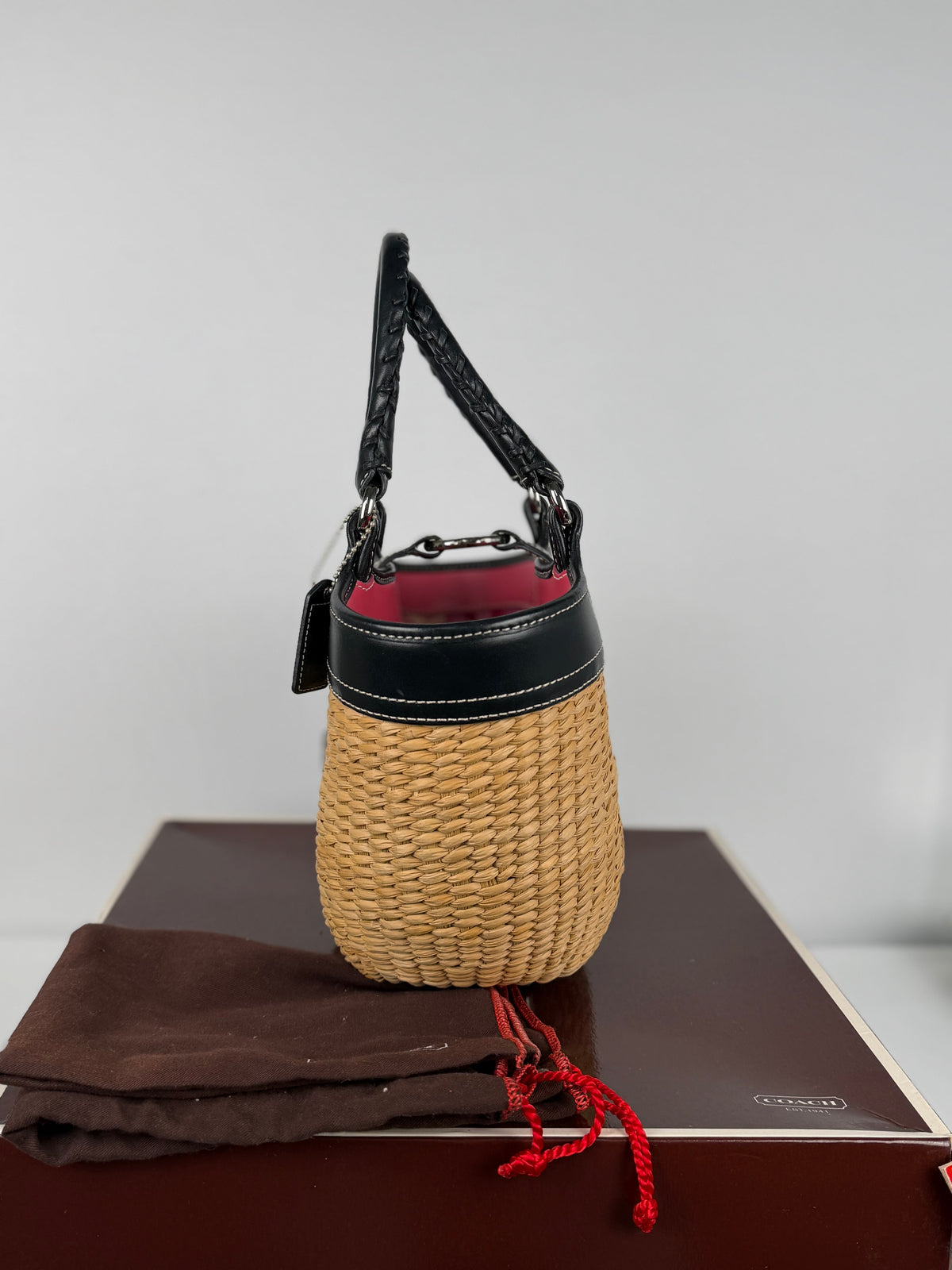 Coach 6270 Woven Wicker Basket Bag Butterfly Detail Leather Trim