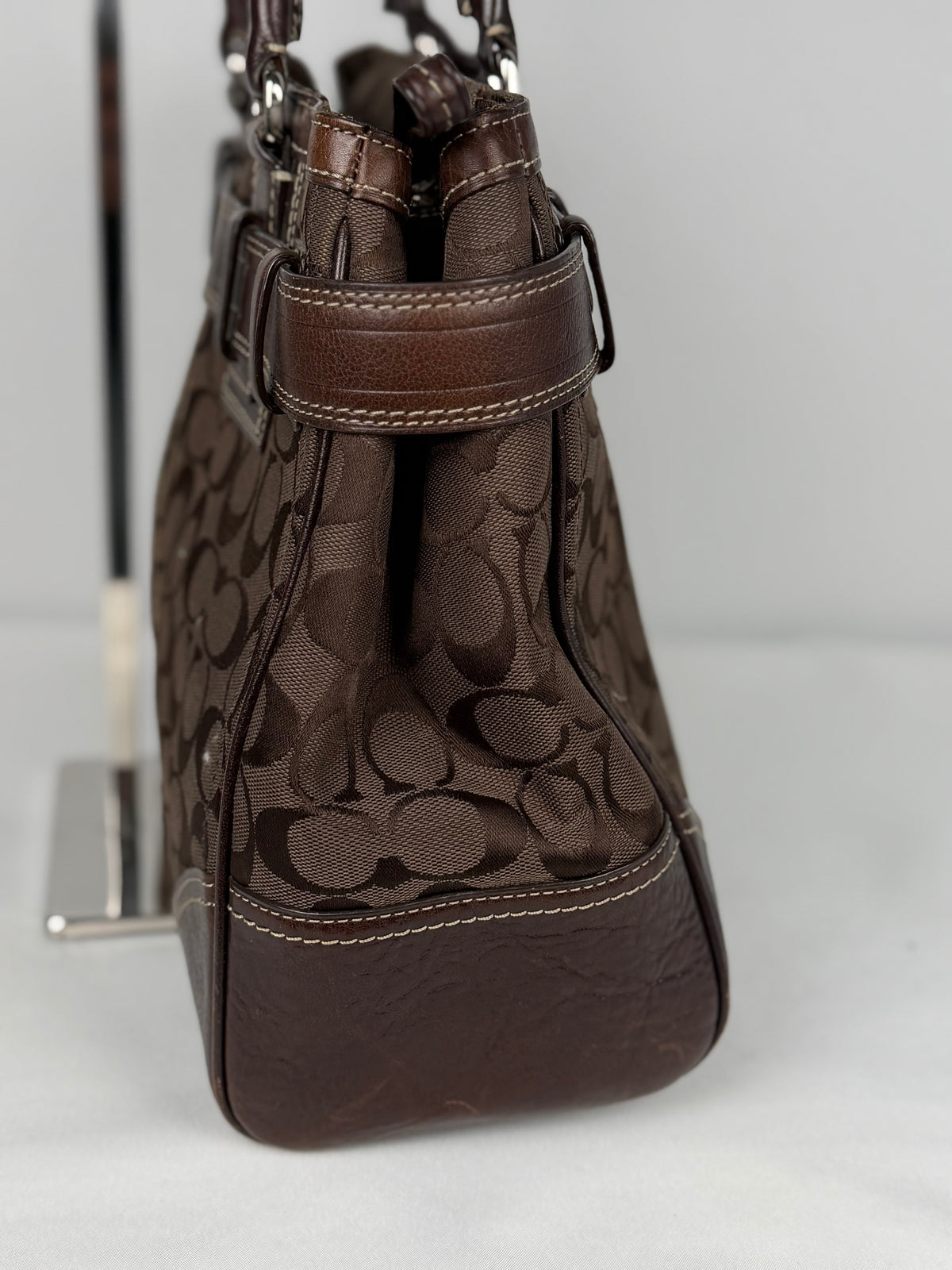 Coach 10246 Hampton Clip Signature Brown Monogram Shoulder Bag Leather Trim